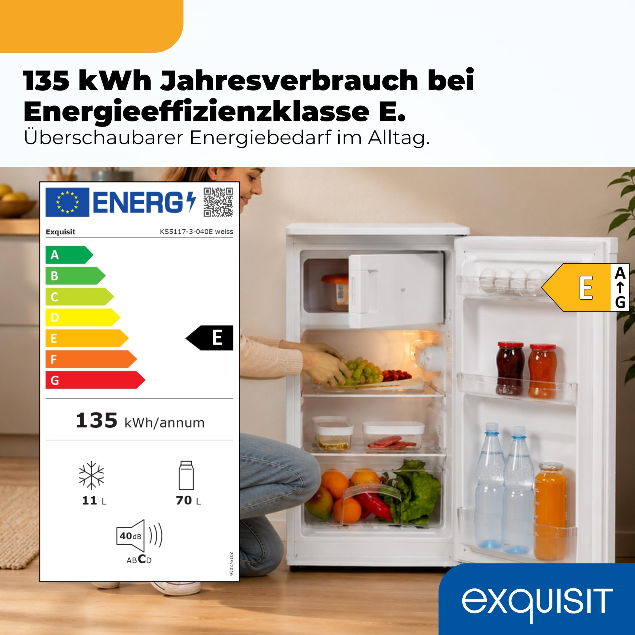 Exquisit KS5117-3-040E Kühlschrank mit Gefrierfach, 81 l, Weiss, Energieklasse E, 40 dB