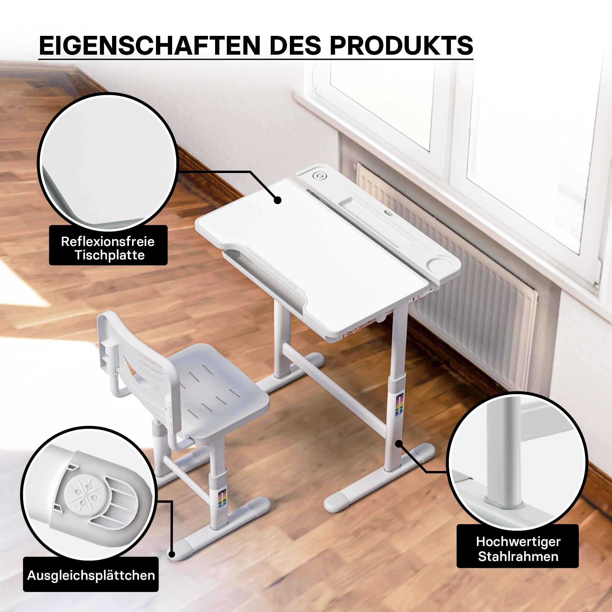 Kinderschreibtisch mit Stuhl, mitwachsender Schreibtisch für Kinder neigungs-/höhenverstellbar mit Schublade und Buchstütze