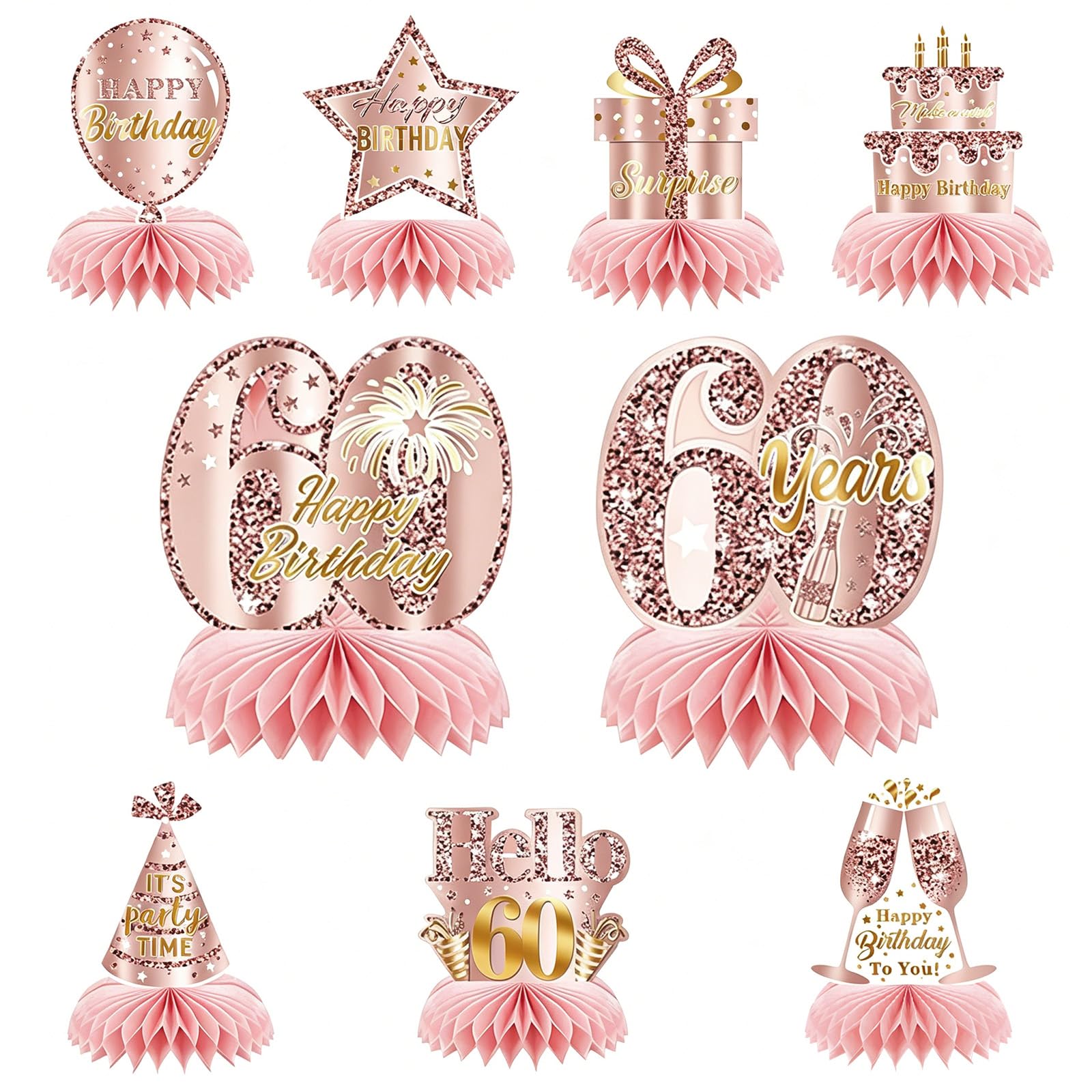 60th Birthday Table Decorations 9Pcs Rose Gold Honeycomb Centerpieces 60th Table Decorations for Women 60 Years Happy Birthday Decoration for Women Girls Party Celebration