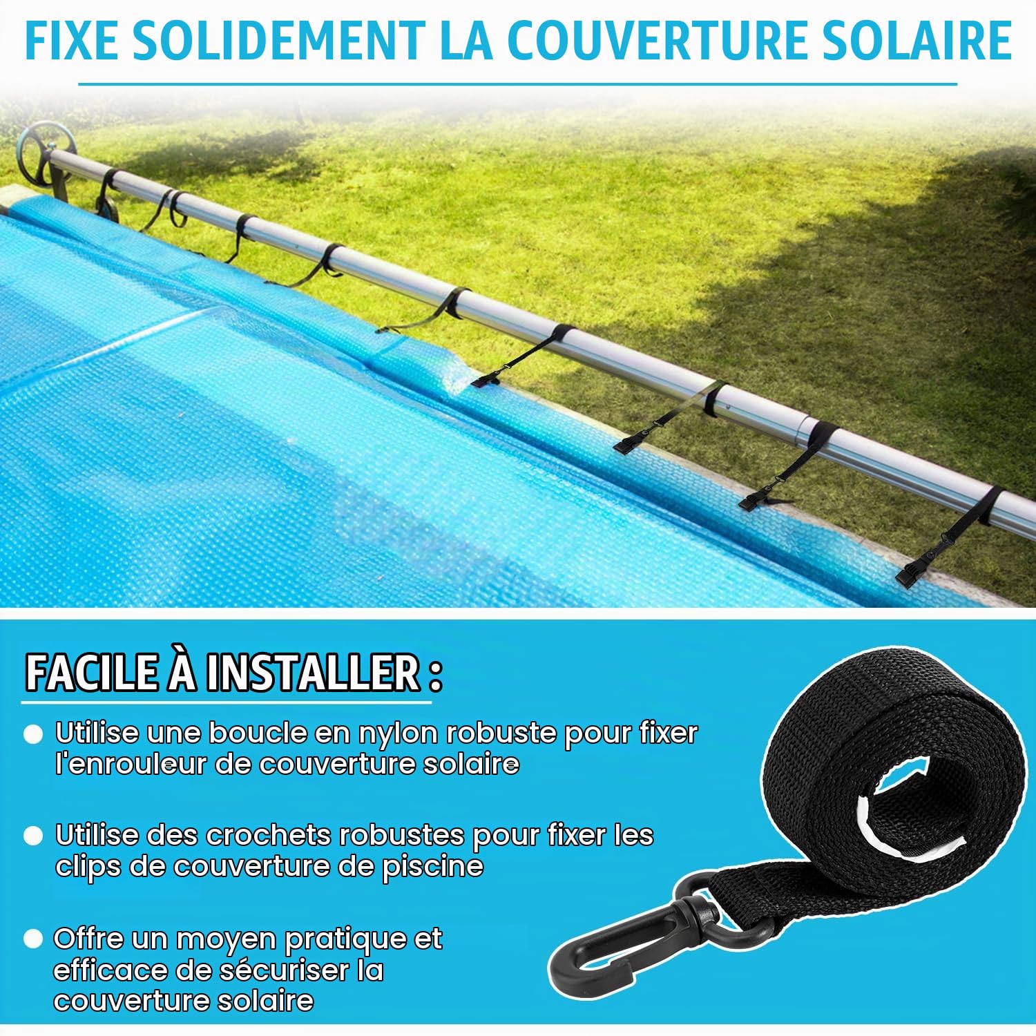 Lyreh 24pcs Kit Fixation pour Enrouleur de Couverture Solaire de Piscine, Comprenant 8 Sangles Couverture Solaire avec Crochets et 8pcs Clips et 8 Attaches Tactiles Accessoires Piscine Creusée