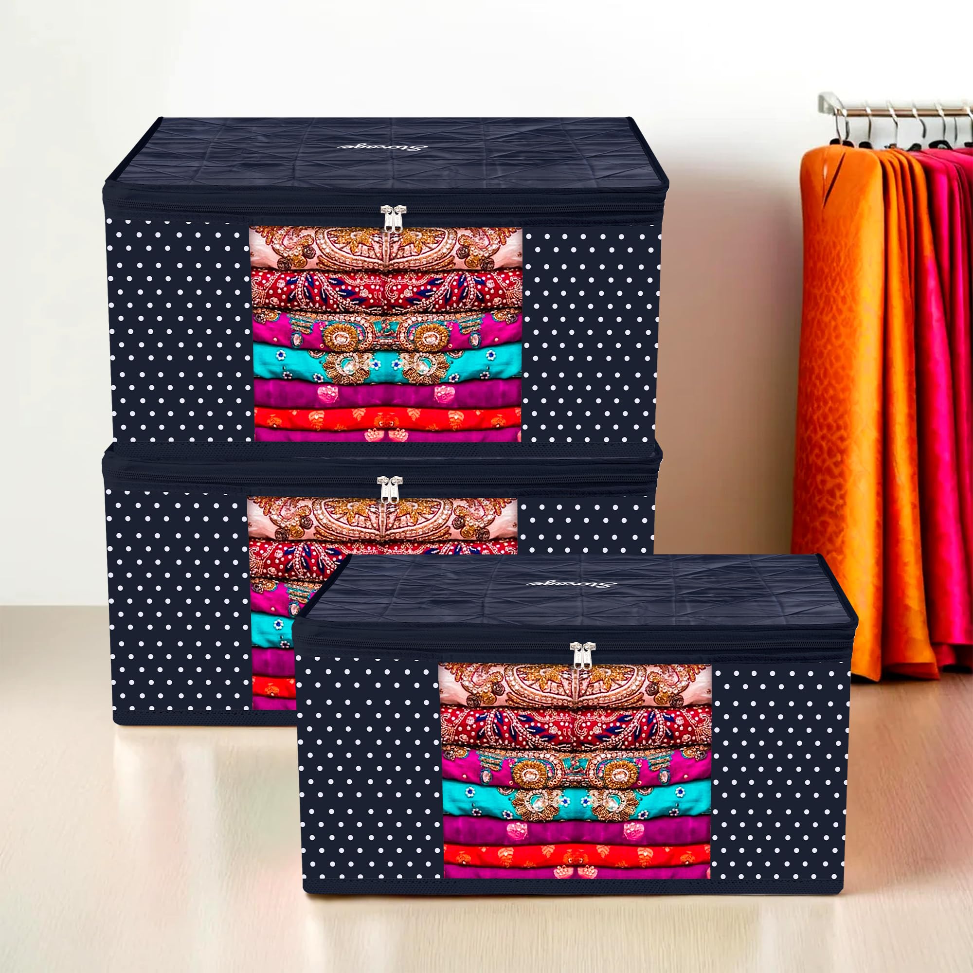 Kuber Industries 3 Pcs Parachute Saree Cover/Bag for Storage | Wardrobe Organizer for Storage | Saree Organiser for Wardrobe | Dot Design - Blue