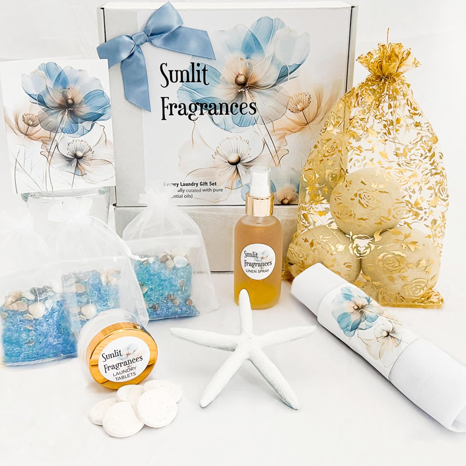 Luxury Uplifting Spa Laundry Gift Experience Uniquely Curated Hypoallergenic Gift Set Scented with Pineapple Coconut & Creamy Vanilla, Featuring Wool Dryer Balls, Laundry Tablets, Linen Spray & More.