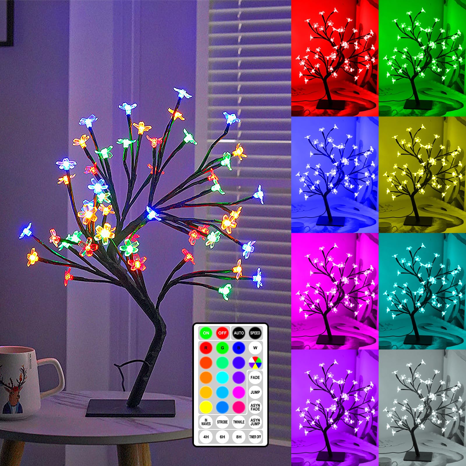 Albero di Ciliegio Artificiale Illuminato con 48 LED, Luce a forma di Albero di Ciliegio RGB con Telecomando, 16 Colori Selezionabili, Luce Notturna Decorativa per la Casa (48 LED)