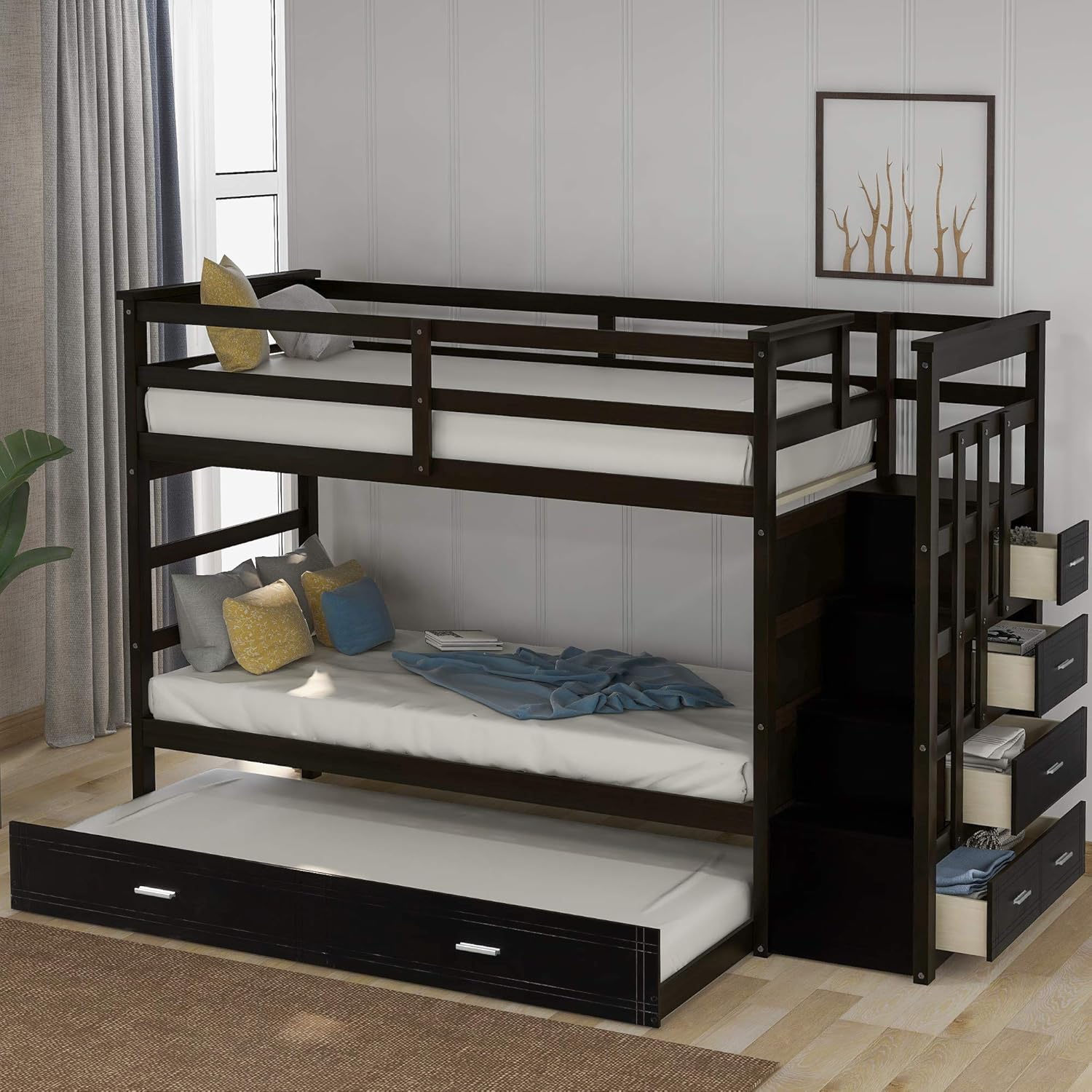 Twin Size Bed Frame for Bedroom Solid Wood Bunk Bed Hardwood Twin Over Twin Bunk Bed with Trundle and Staircase No Box Spring Needed Espresso 97.2" L x 42.4" W x 65.7" H