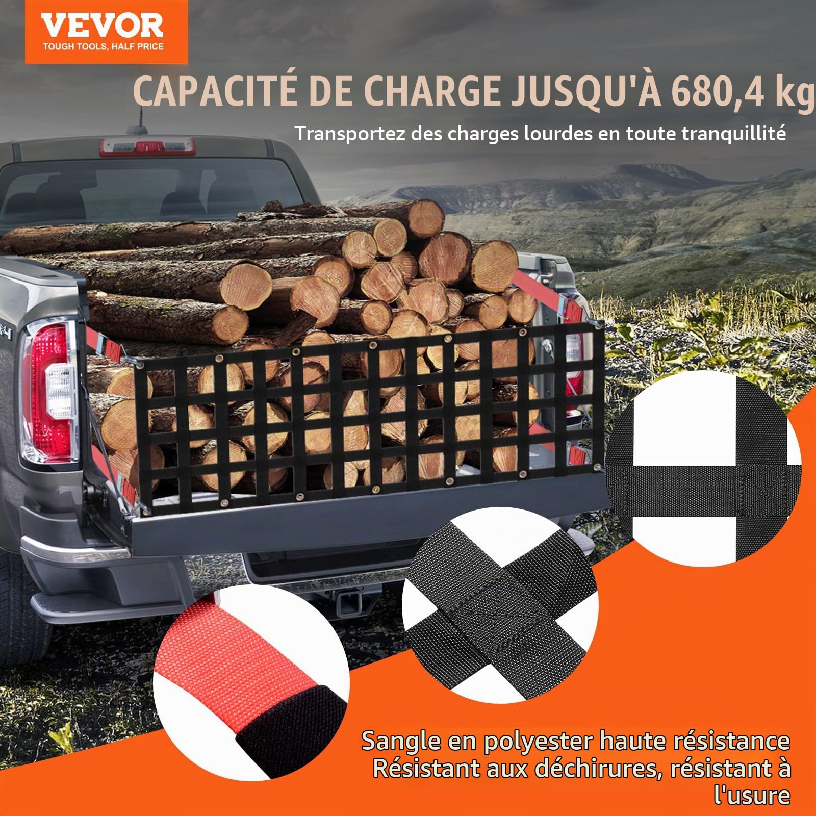VEVOR Filet de hayon, 1370 x 460 mm, Filet de Chargement Robuste pour Plate-Forme de Camion, 4 Sangles télescopiques réglables, Extensible et Durable, réglage Flexible, pour Pick-up, remorque, Jeep