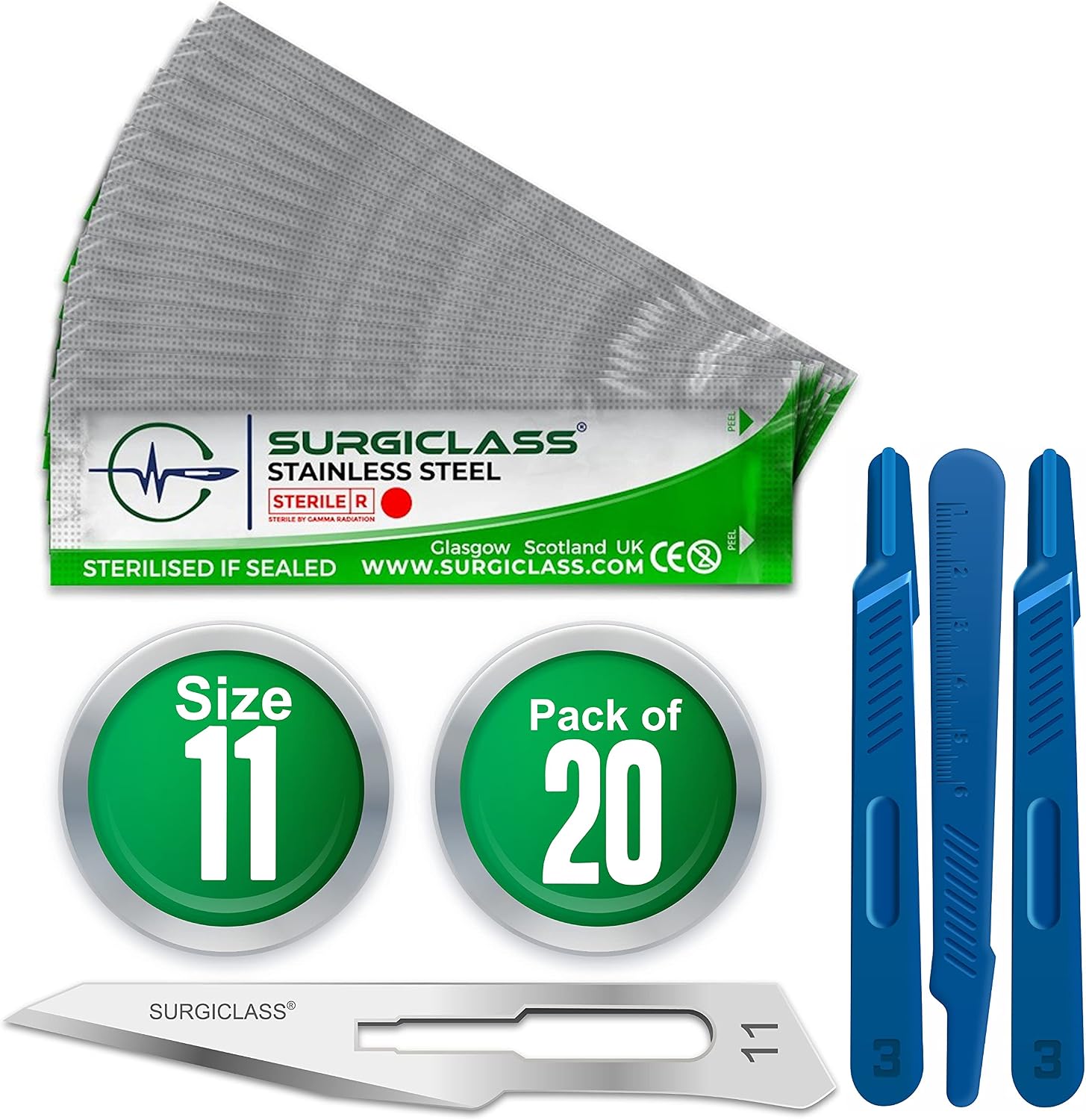 Surgiclass Surgical Scalpel Stainless Steel Blade 11, 20pcs Blades and 3X PVC Handle No 3 GR11-PK20-3X3