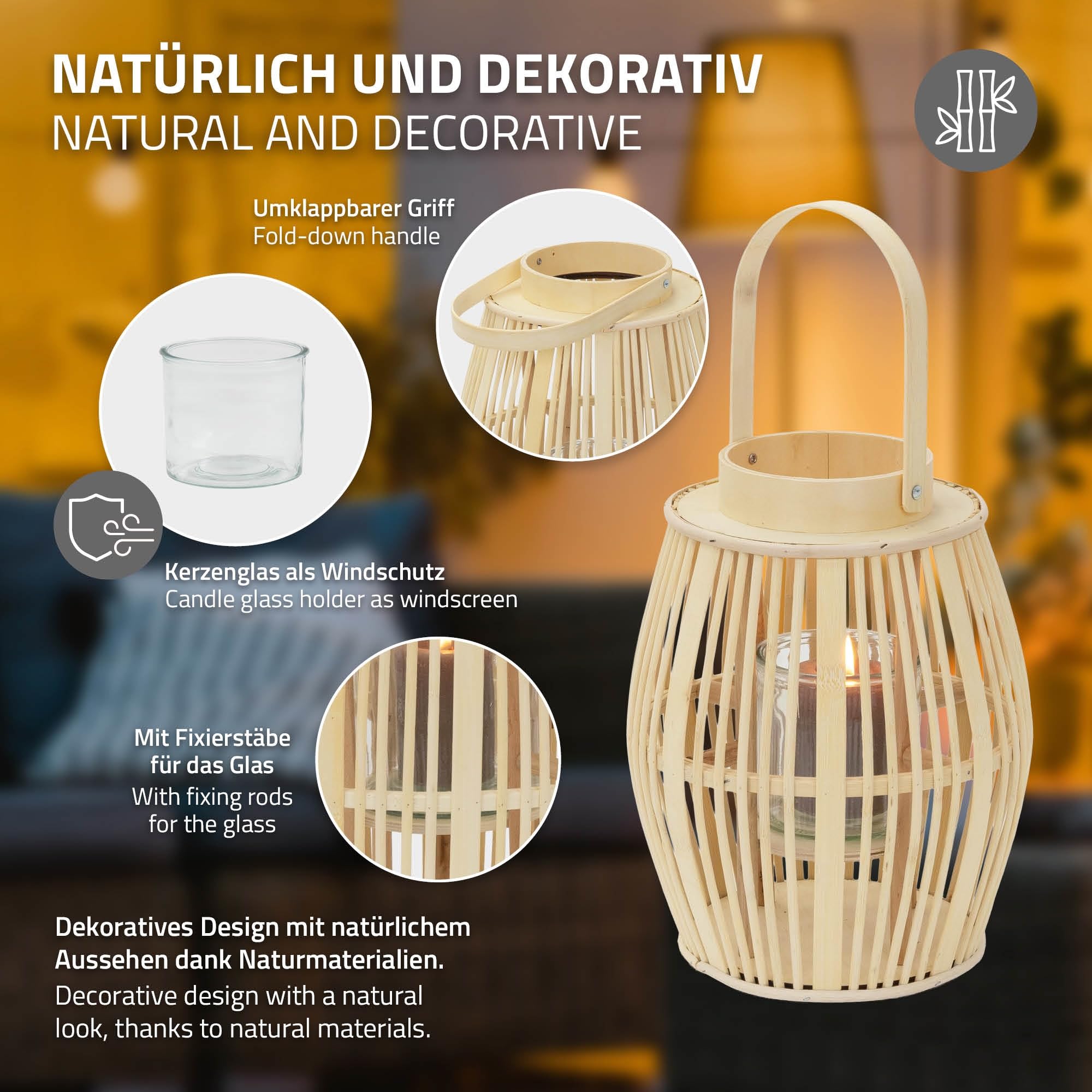 ECD Germany Linterna de Bambú de Madera, 44cm de Altura, Portavelas de Jardín con Asa y Inserto de Cristal, Farolillo de Estilo Boho, Lámpara Colgante Interior/Exterior Decorativo para Terraza, Balcón