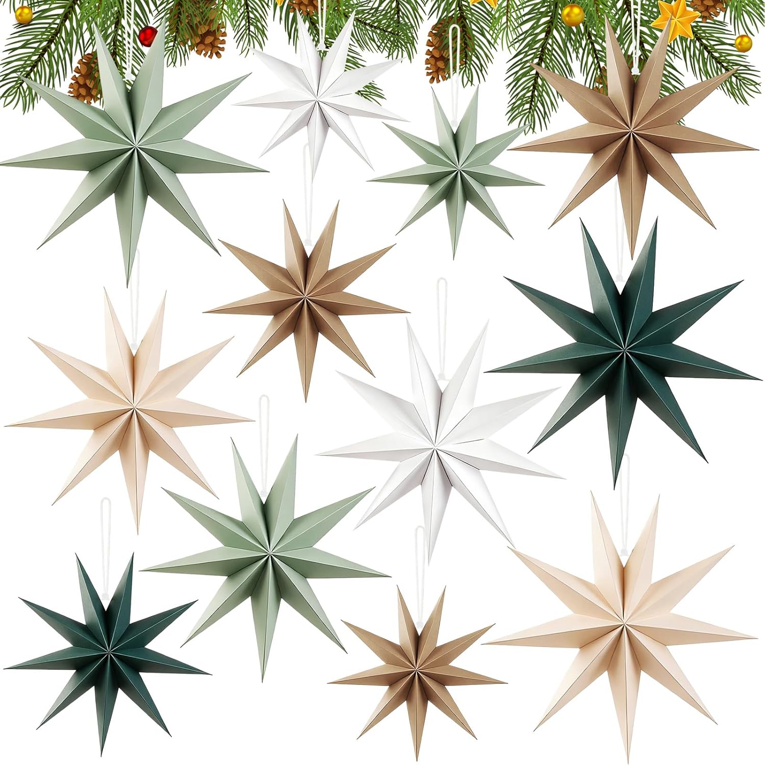 12 Pcs Sage Green Paper Star Lantern Christmas Ornament 9 Pointed Star Paper Lanterns Hanging Decoration for Xmas Tree, Vintage Home Decor for Christmas Birthday Wedding Party Supply