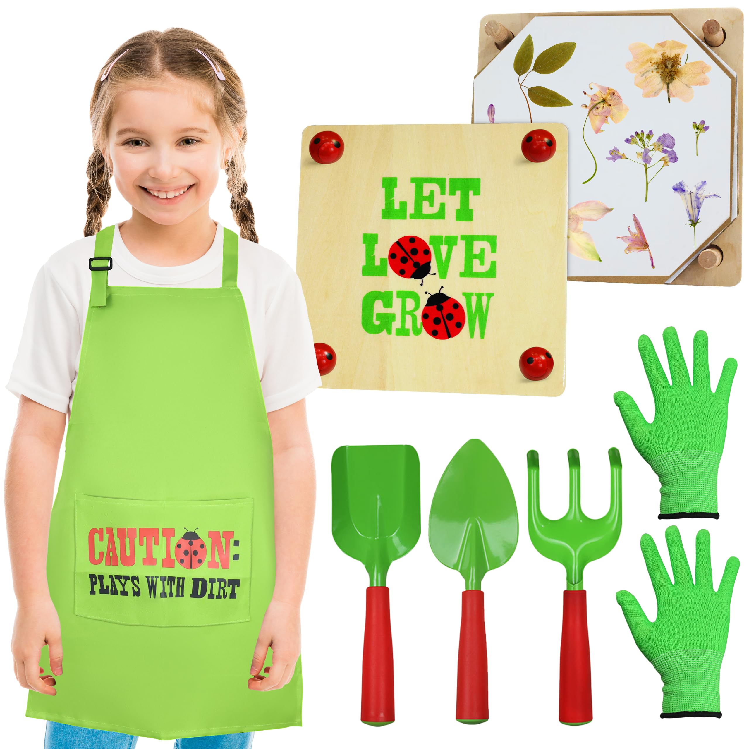 Gardening Pretend Play Set & Flower Press Kit - Kids Gardening Set with Apron, Pair of Gloves, 3 Gardening Tools, Wooden Flower & Leaf Press - Safe Outdoor Gardening Tools for Kids & Teens