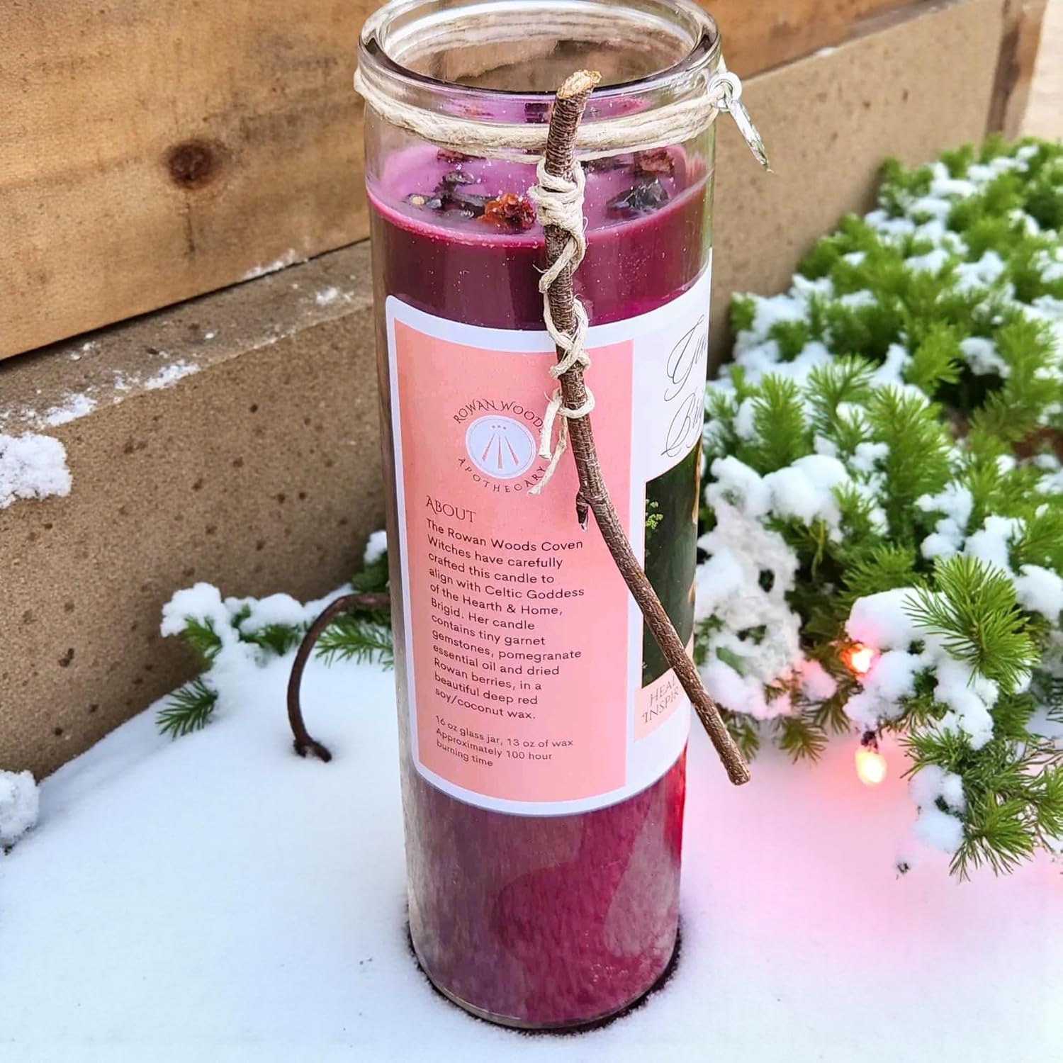 Brigid Fire Goddess Candle Hand Poured Elegant Coco Soy, Pomegranate, Rowan Berries, Garnet, Healing, Renewal, Witch, Triskele Charm, Rowan Twig