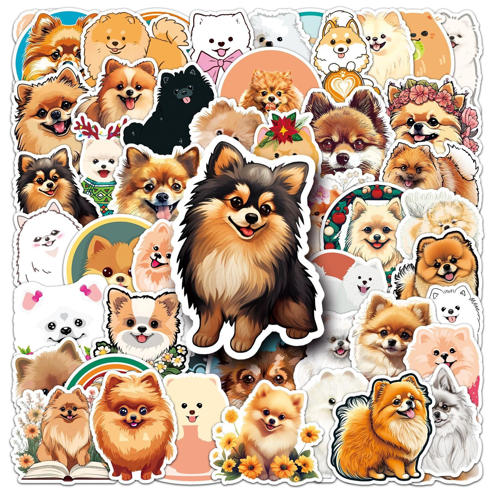 Bric Dodo Men's 50Pcs Pomeranian Stickers Laptop Car Scrapbook Phone Skateboard Suitcase Luggage Bike Pomeranian Stickers Vinyl Waterproof Aesthetic Personalised Stickers For Teens Boys Girls Adults