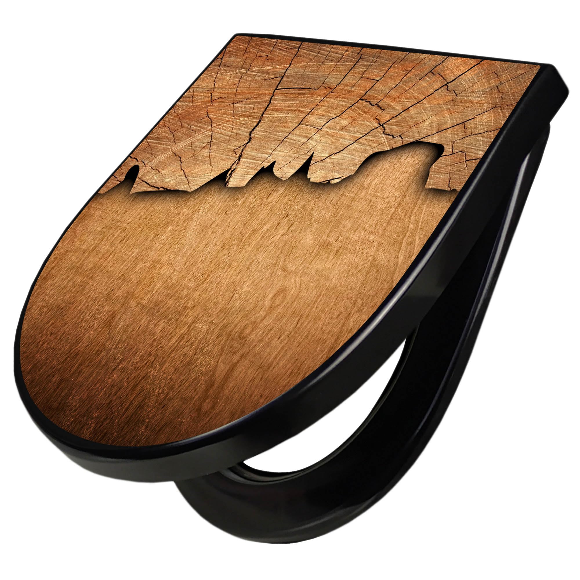 banjado WC Sitz mit Absenkautomatik D Form - Toilettendeckel mit Absenkautomatik D Form - Klodeckel Softclose - stabile Klobrille - Toilettensitz Schwarz - Motiv Holz