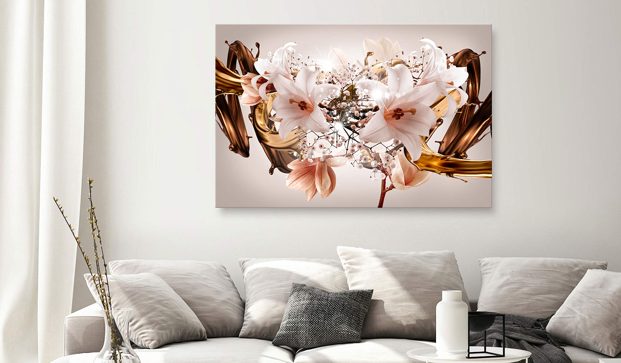 artgeist Acoustic Canvas Wall Art Print Abstract 35x24 in - 1pcs Picture with Acoustic Foam Sound Print Artwork Room Acoustics Soundproofing Flower Lilies Plant Motif Beige Nature b-C-0762-b-a