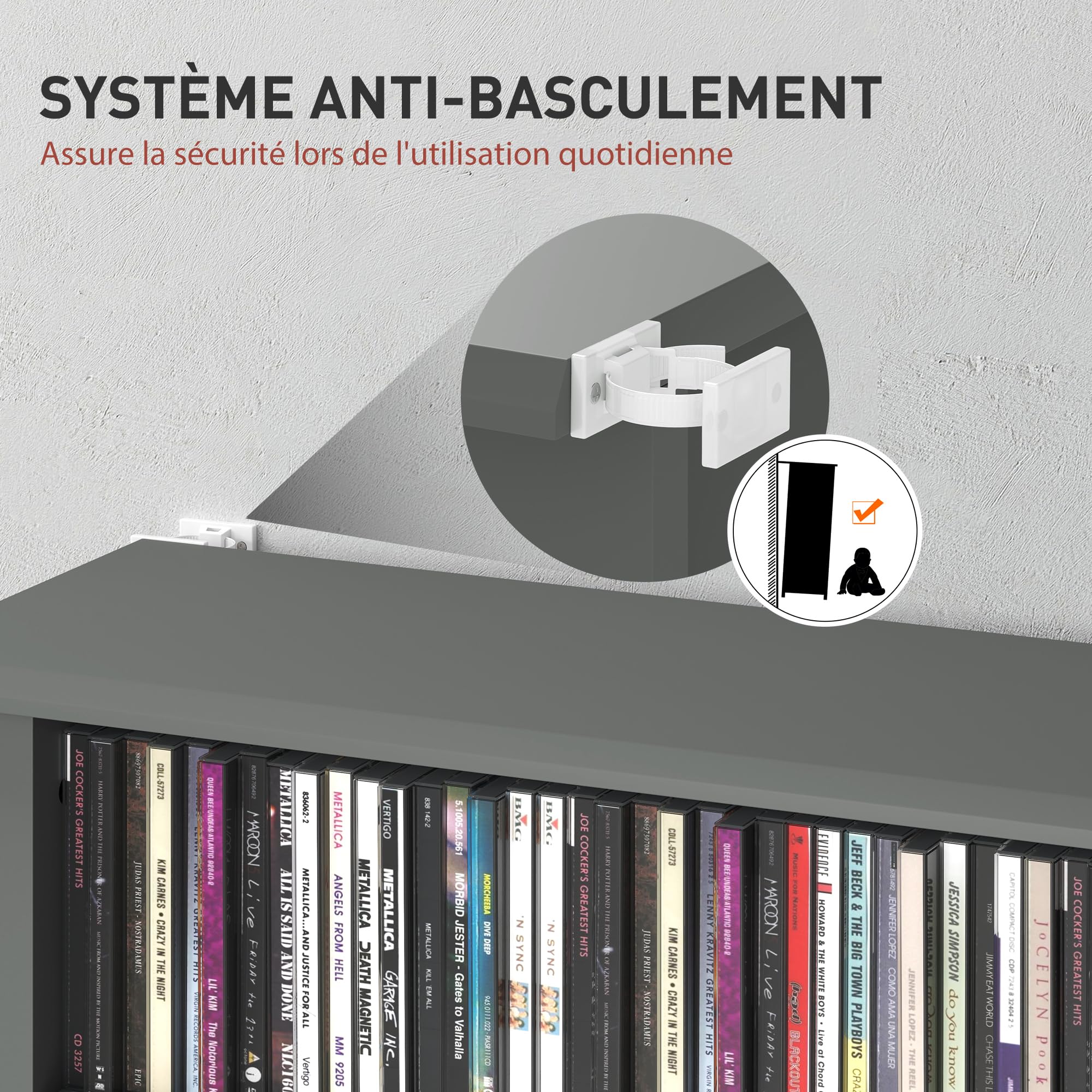 HOMCOM Rangements pour CD et DVD, meuble de rangement multimédia, capacité 360 CD/185 DVD et Blu-ray, 8 compartiments et 6 étagères réglables, pour salon, chambre, 58x24x126,3cm, gris