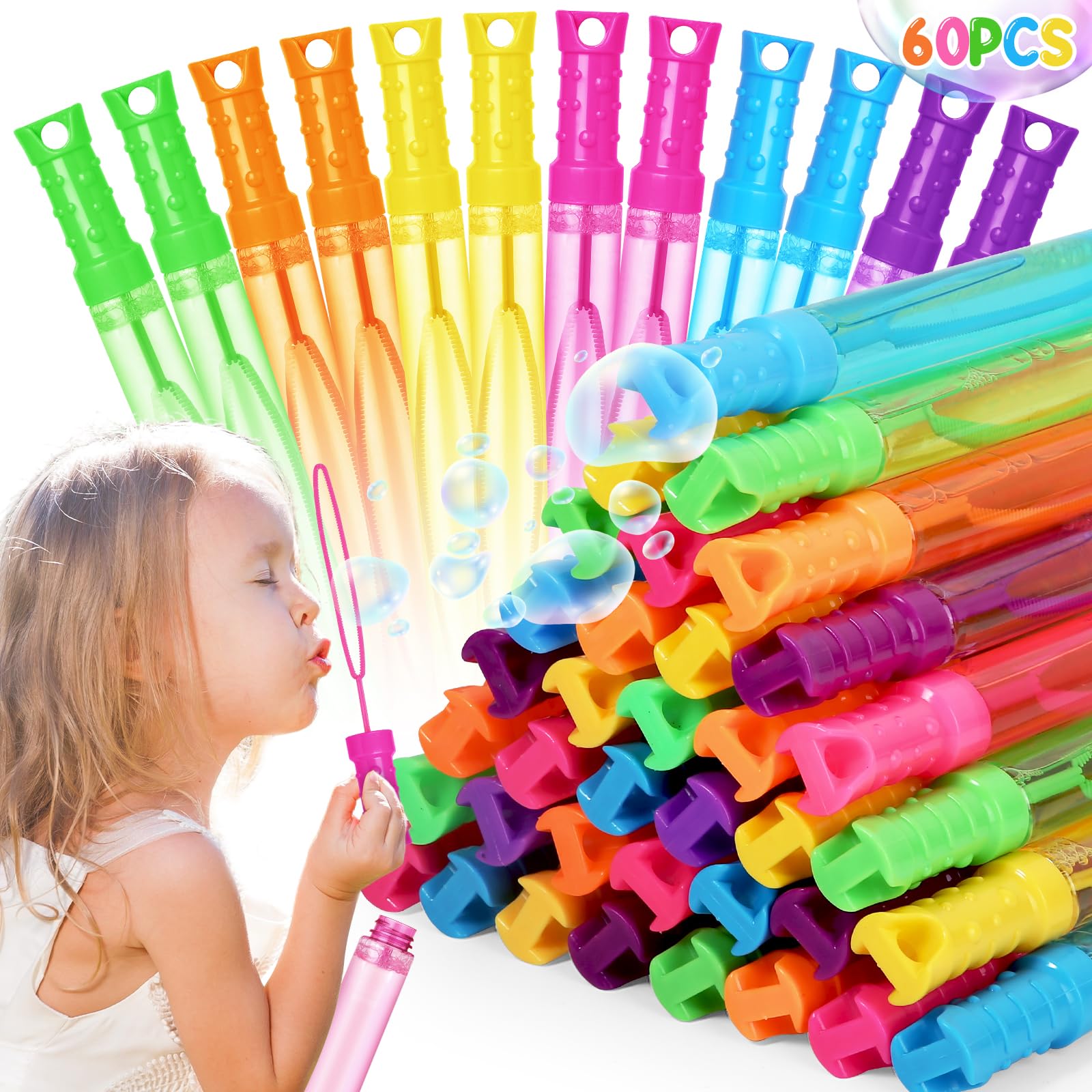 Photo 1 of Bubble Wand, 60 Pcs Bubble Wands Bulk in 6 Colors, Bubble Party Favors for Kids, Summer Toys, Indoor Outdoor Activity, Themed Birthday, Wedding, for Girls & Boys