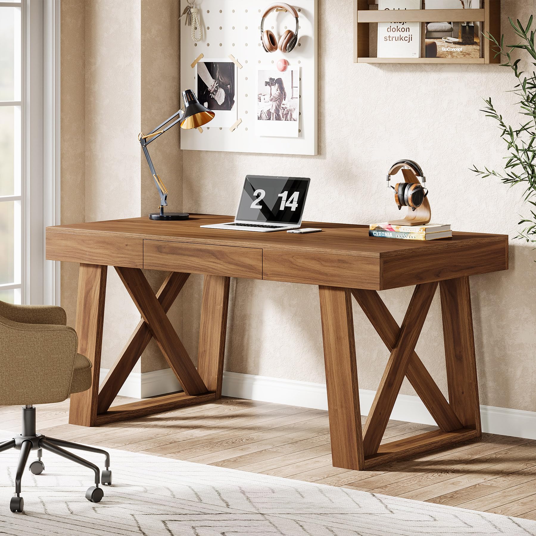 Tribesigns Escritorio de 140 cm con cajón, retro, marrón, para ordenador, oficina en casa, mesa de madera para oficina y juegos, mesa de trabajo de negocios (140 x 70 cm)