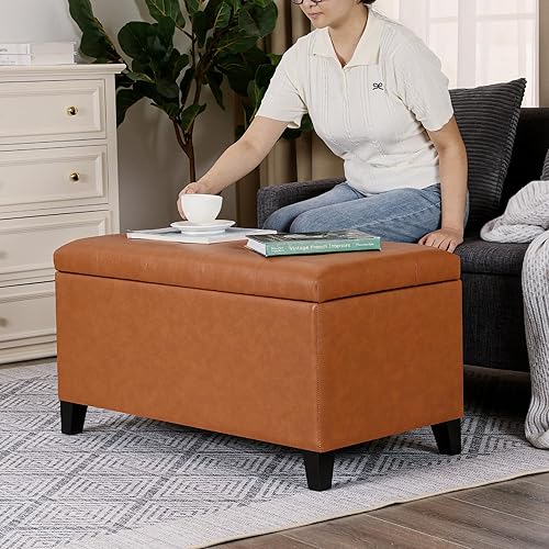 Vista 28 de Asense Banco otomano de almacenamiento, banco tapizado de piel sintética con bisagra de seguridad, patas de madera, para entrada y dormitorio Negro