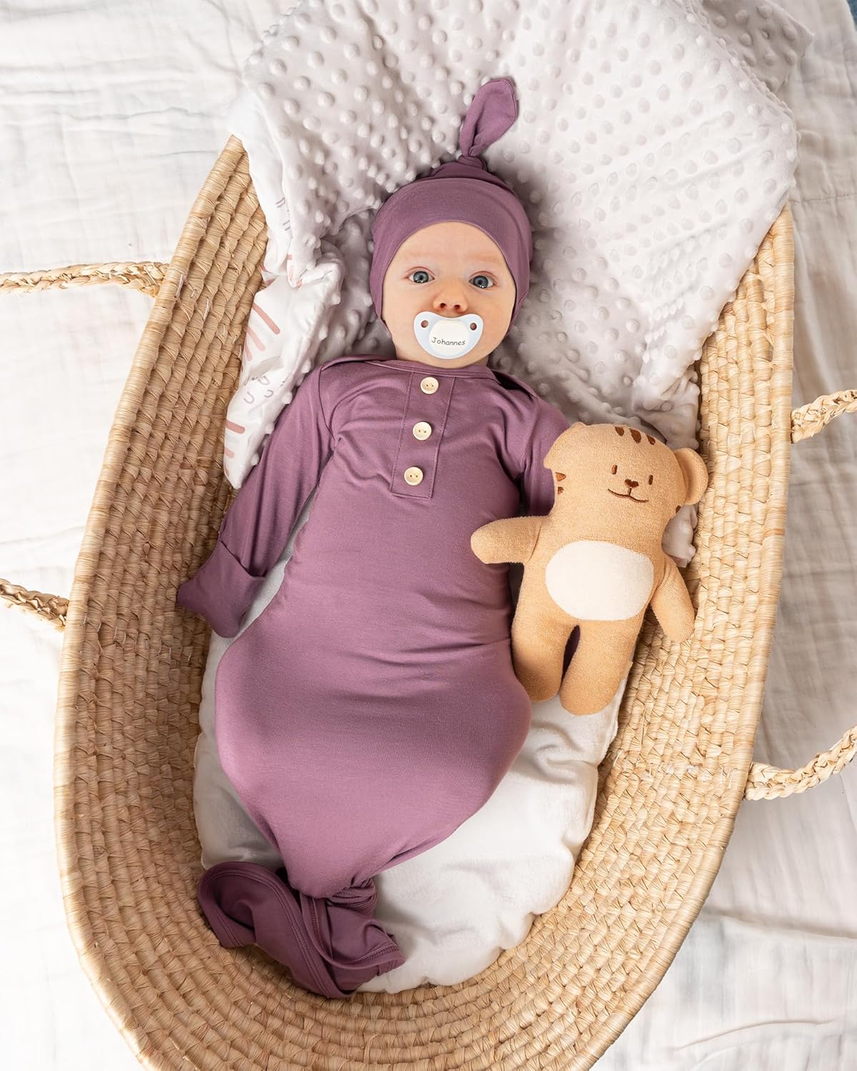 Newborn Baby Knotted Gown Extra Long, Super Soft Silky Infant Long Sleeve Sleeper with Tie Bottom, Baby Girl and Boy Sleep Gown with Mittens, Bow, and Hat Set Lavender Purple[Lavender Purple,Newborn] - Image 6