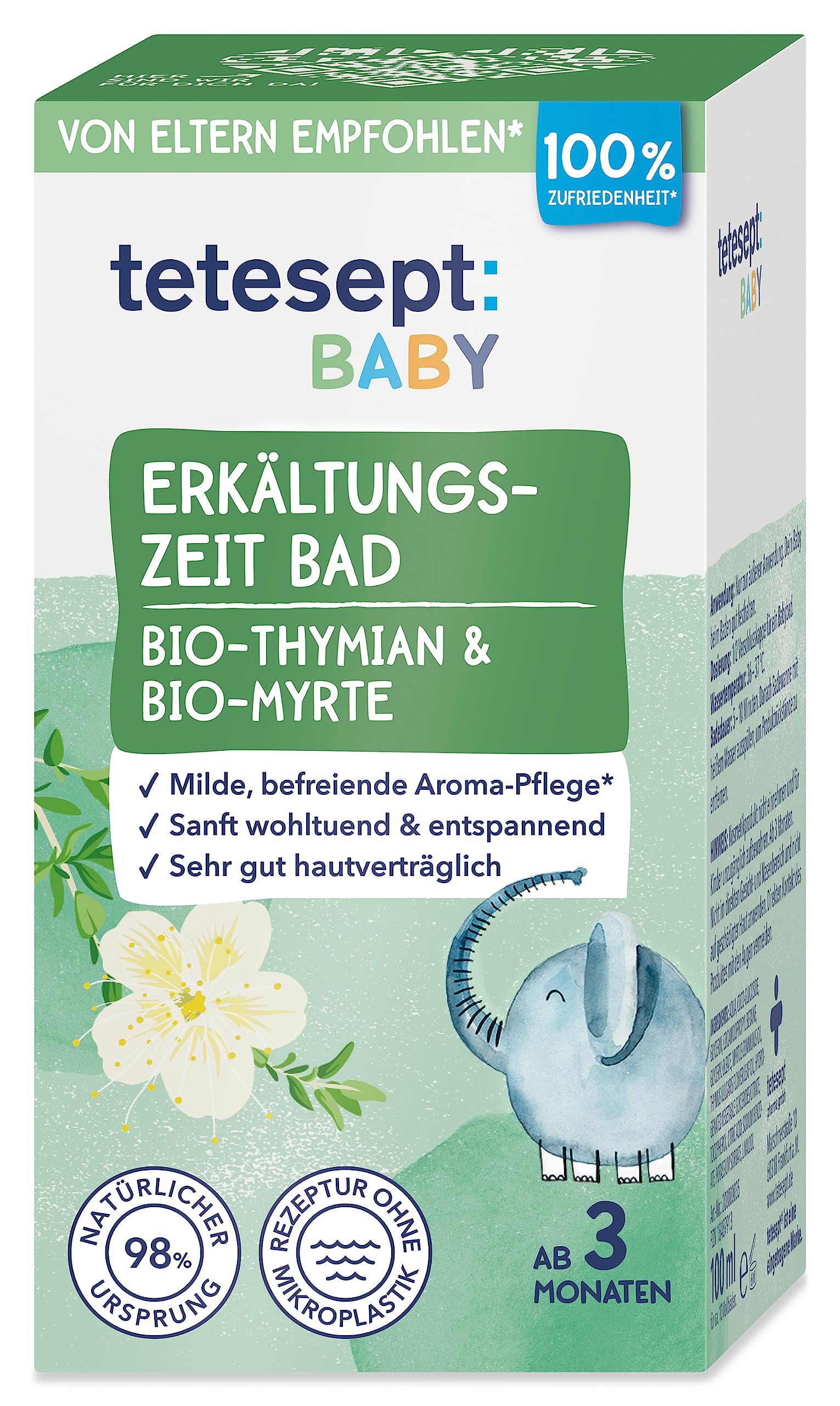tetesept Baby Erkältungszeit Bad - 100 ml - Badezusatz mit Bio-Thymian und Bio-Myrte für einen befreienden Duft-Effekt – Wohltuende, milde Aroma Pflege für Babys ab 3 Monaten