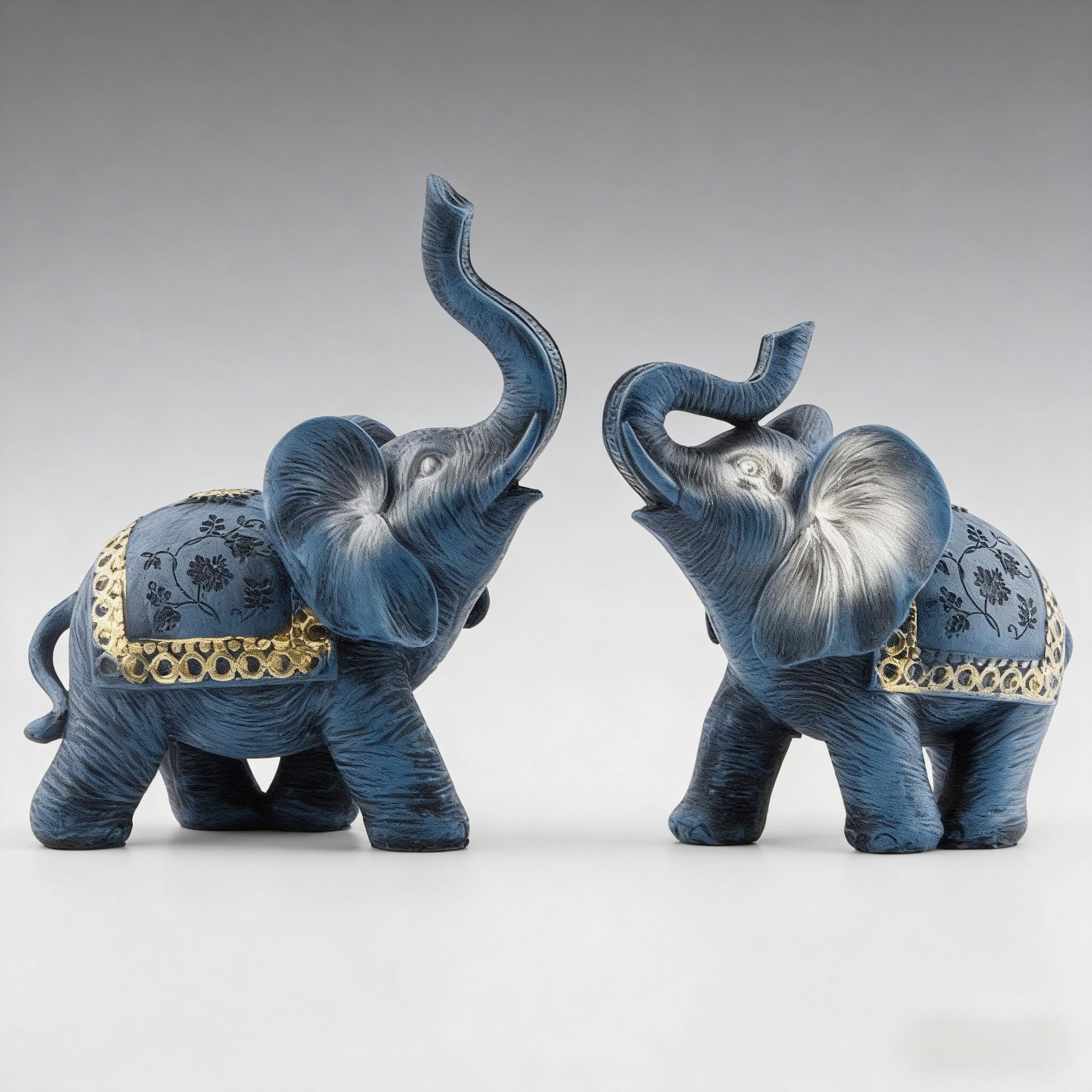Wisifayardin Blue Thai Couple Elephants Figurines Statues Elephant with Trunk Up Gifts for Desktop Decoration Home Crafts Ornament