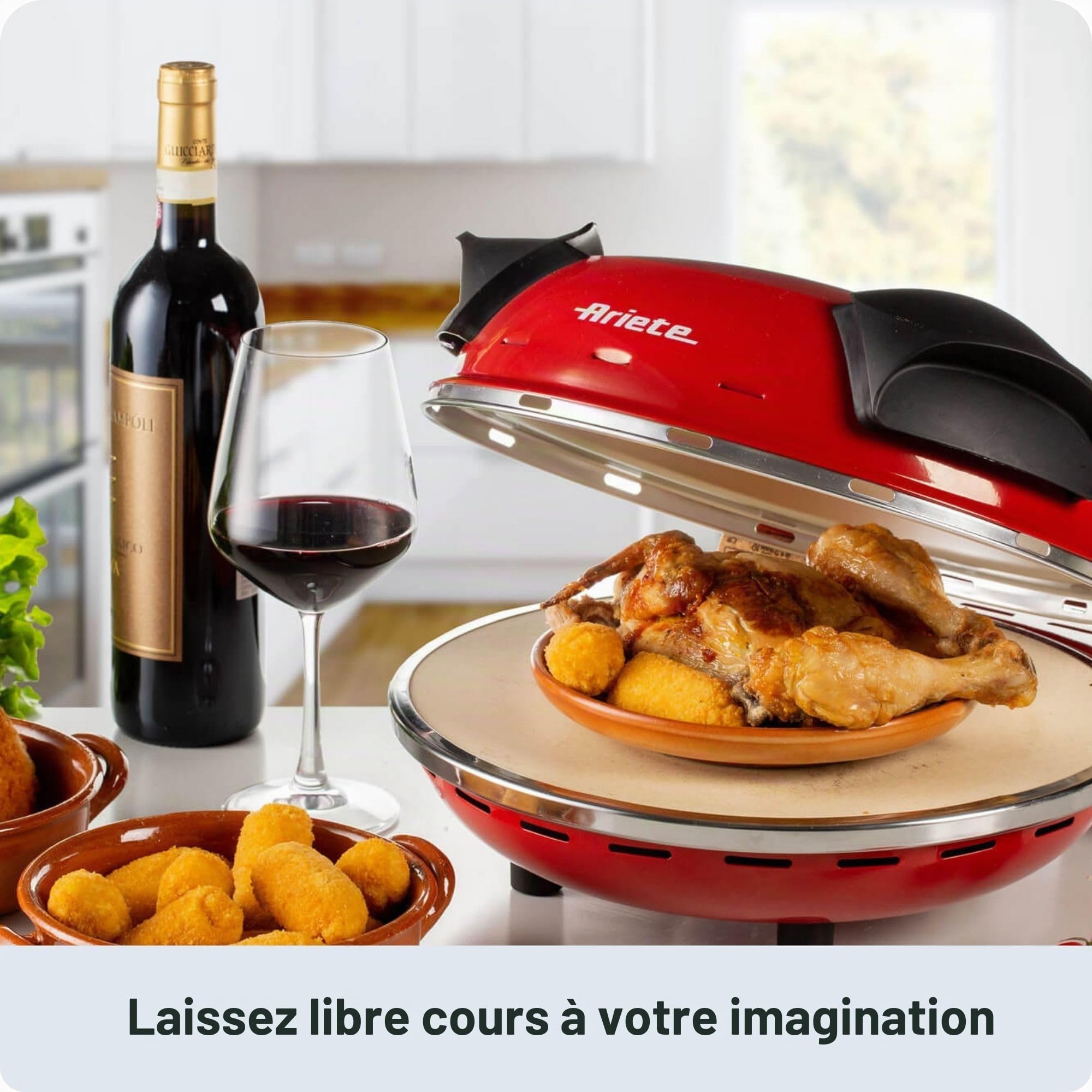Ariete Pizza Four 909, Pizza 4 Minute, 5 Niveaux de Cuisson, Plaque Réfractaire pour Le Réchauffage, Lames en Bois Incluses, Température Maximale de 400°C, 1200W, Rouge