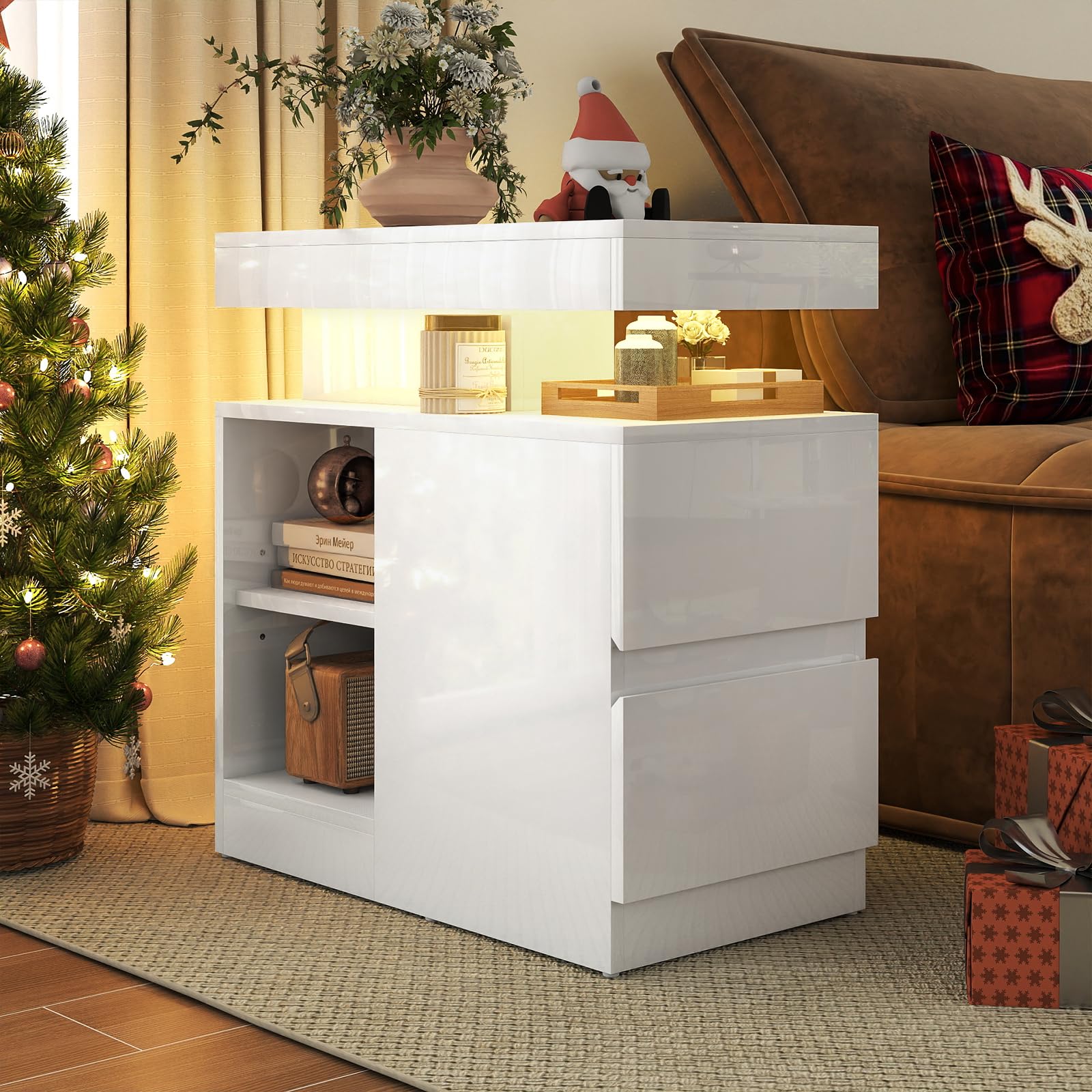 Verano Garden LED High Gloss End Table with Charging Station, Sofa Side Table with Drawer and Adjustable Shelf, Wood Bedside Table Nightstand with LED