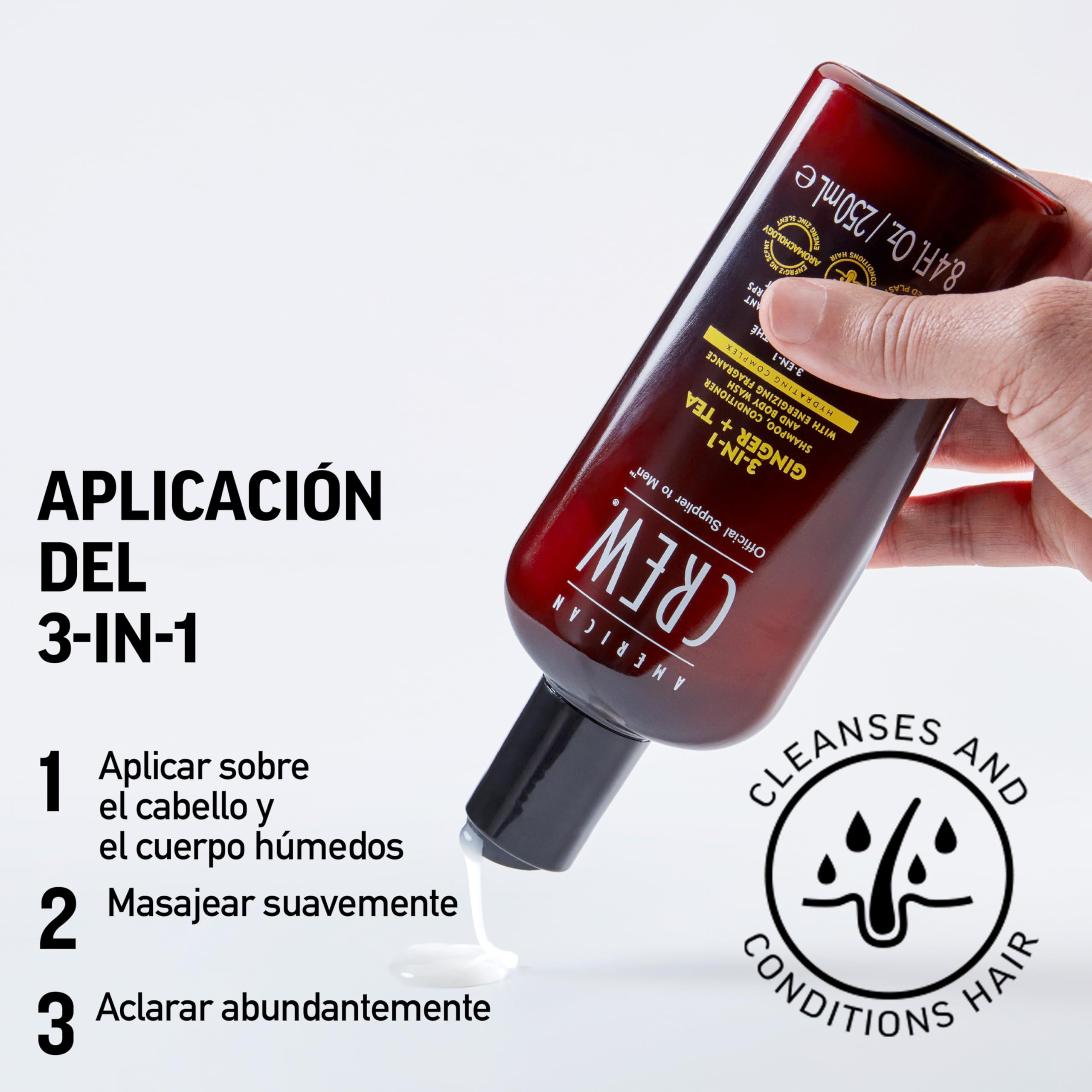 American Crew 3 en 1 Ginger + Tea, Champú Acondicionador y Gel de Ducha, Limpia e Hidrata el Cabello y el Cuerpo, Mantiene y Repone la Barrera de Hidratación, Aroma Revitalizante y Energizante