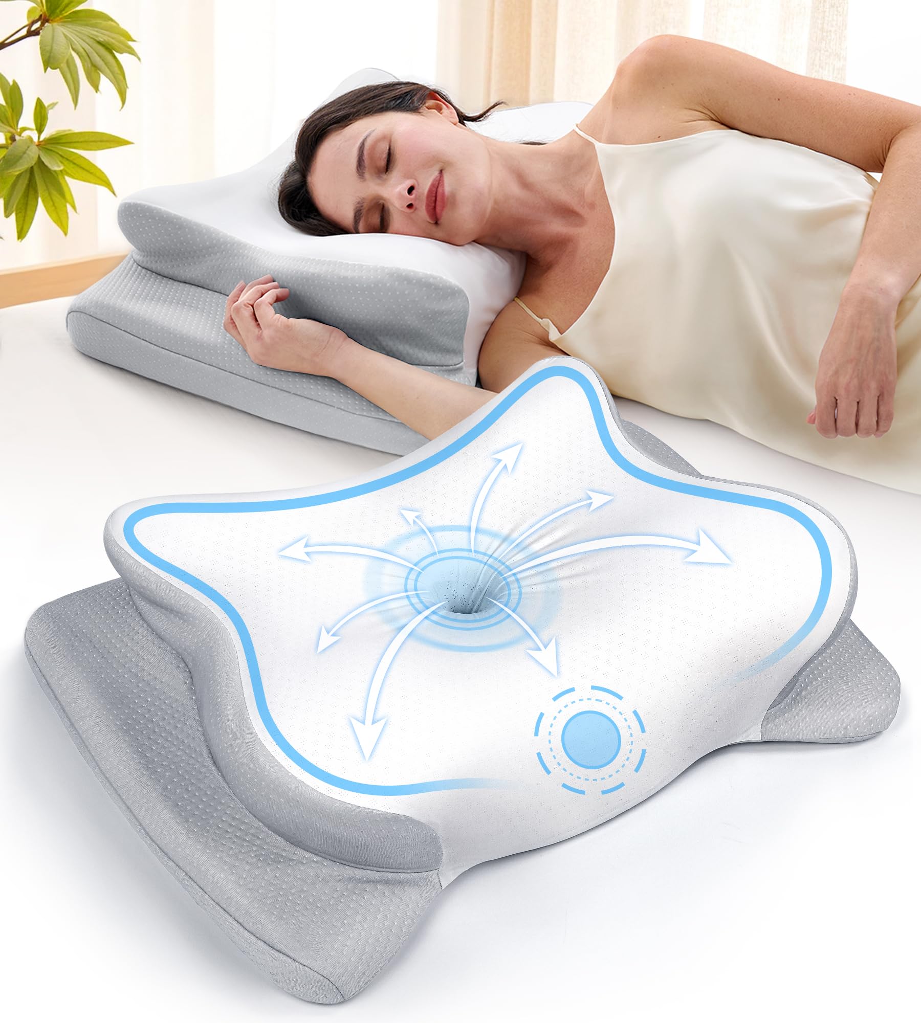 EKIFT Cervical Neck Pillow for Pain Relief, Cooling Memory Foam Pillow for Side, Back & Stomach Sleepers, Odorless Bed Pillow for Deep Sleep,