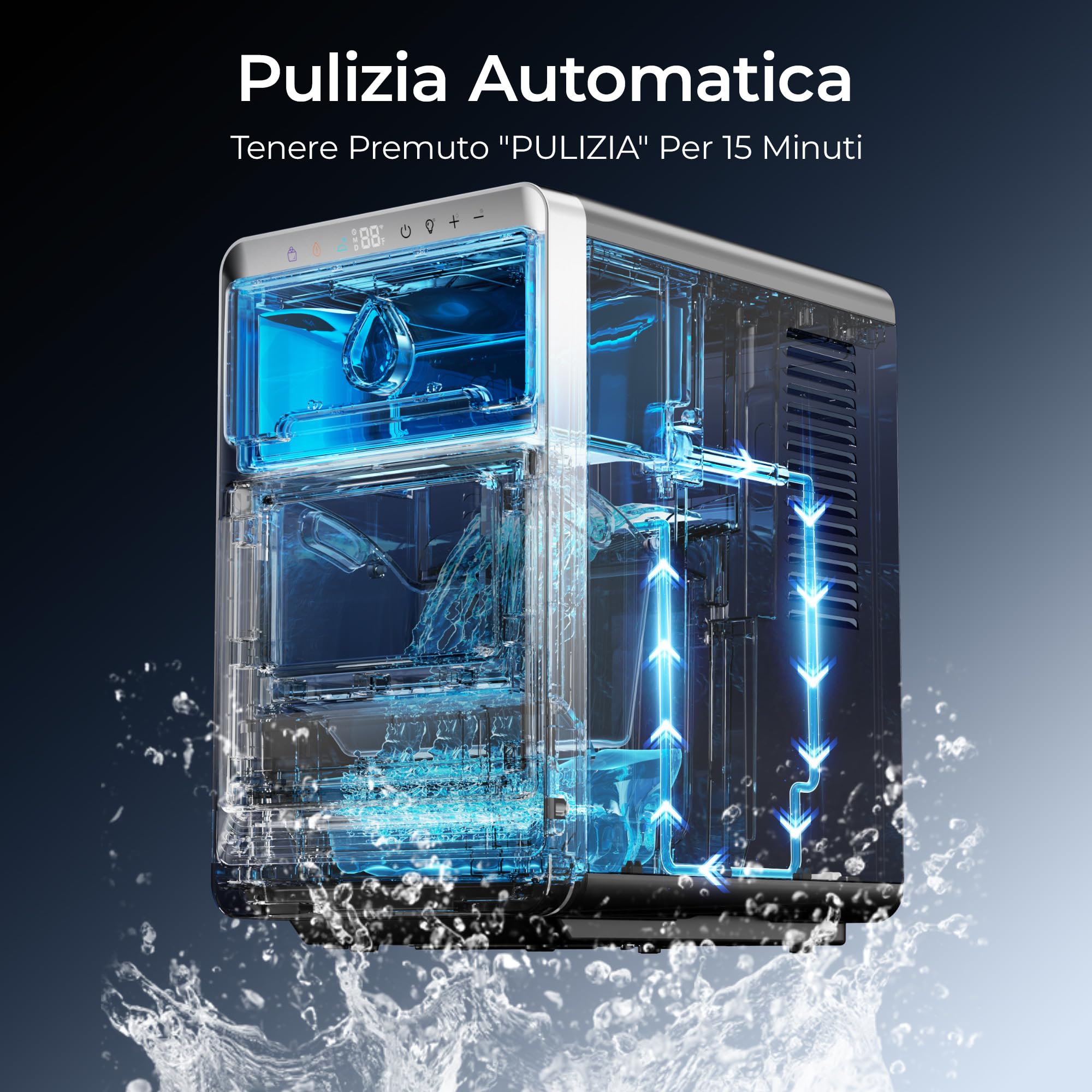 EUHOMY LunaArc™ Macchina Ghiaccio Mezzaluna, 1600Pz/24H Macchina per il Ghiaccio Casa, 16 Cubetti in 12 Min, 1.8L, Autopulente Ice Maker, 3 Dimensioni di Ghiaccio per Whisky/Caffè/Bevande