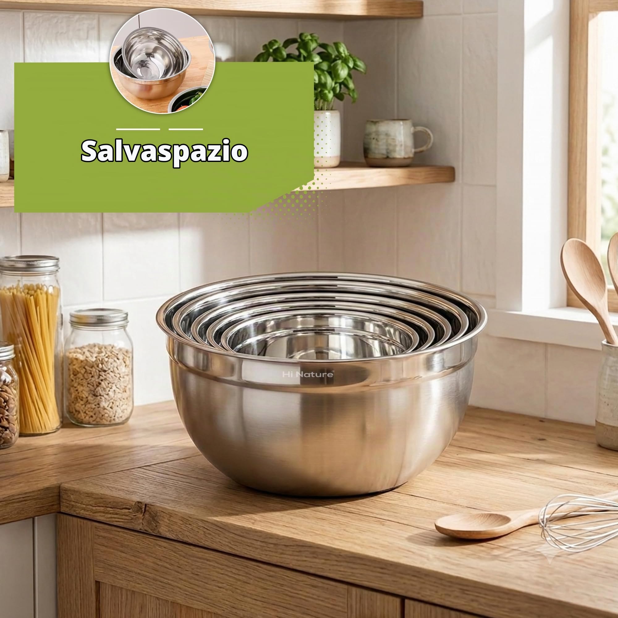 Hi Nature™ Set di ciotole con coperchio in acciaio inox, set di 6 ciotole per mescolare con coperchio, antiscivolo e impilabili, lavabili in lavastoviglie, ciotole da 1,4 l, 1,9 l, 2,4 l, 3,2 l, 5 l