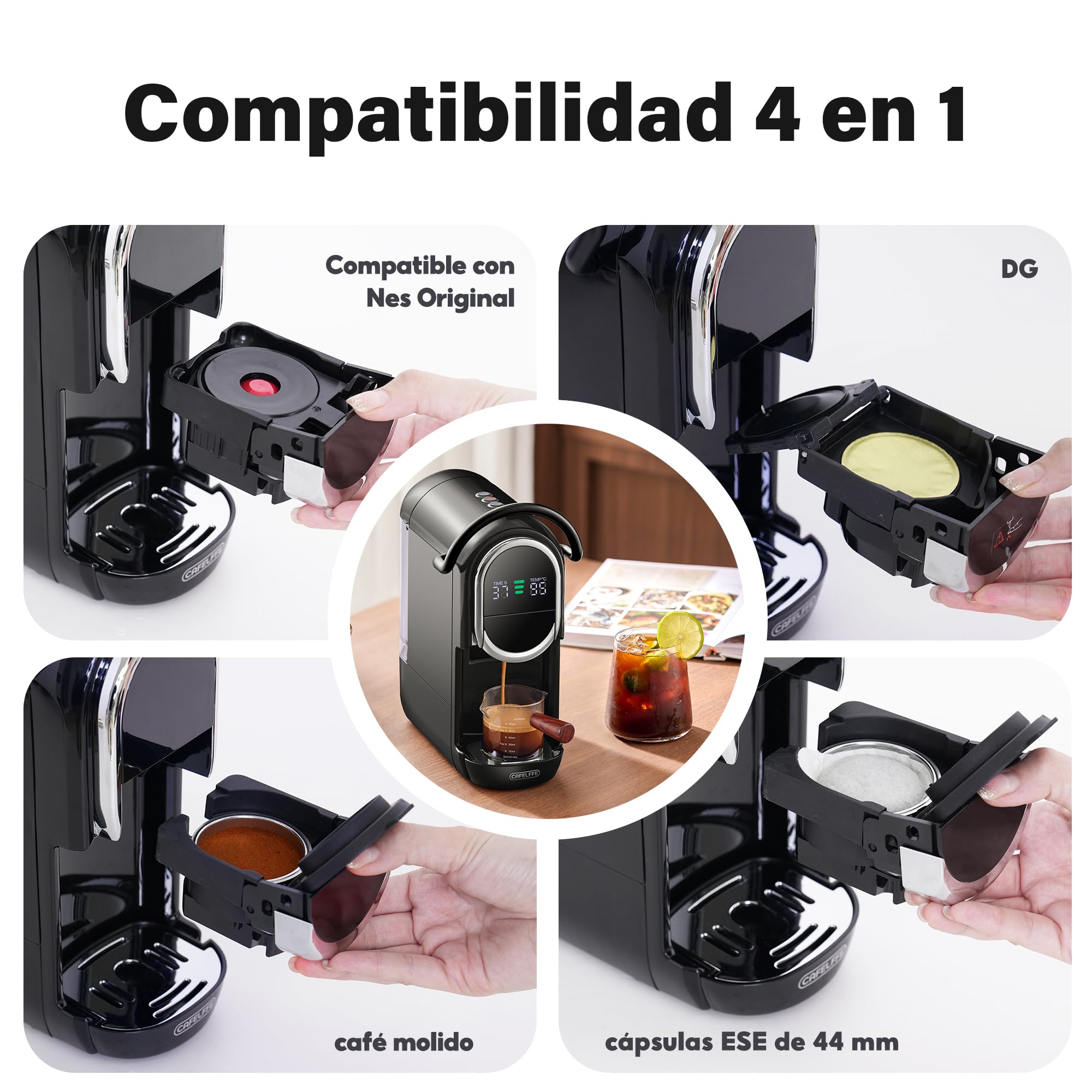 CAFELFFE MK-609S Cafetera de cápsulas 4 en 1 con presión de 19 bares, infusión caliente/fría, espresso compacto para el hogar y la oficina, Nes Original/DG/ESE/molido, negro