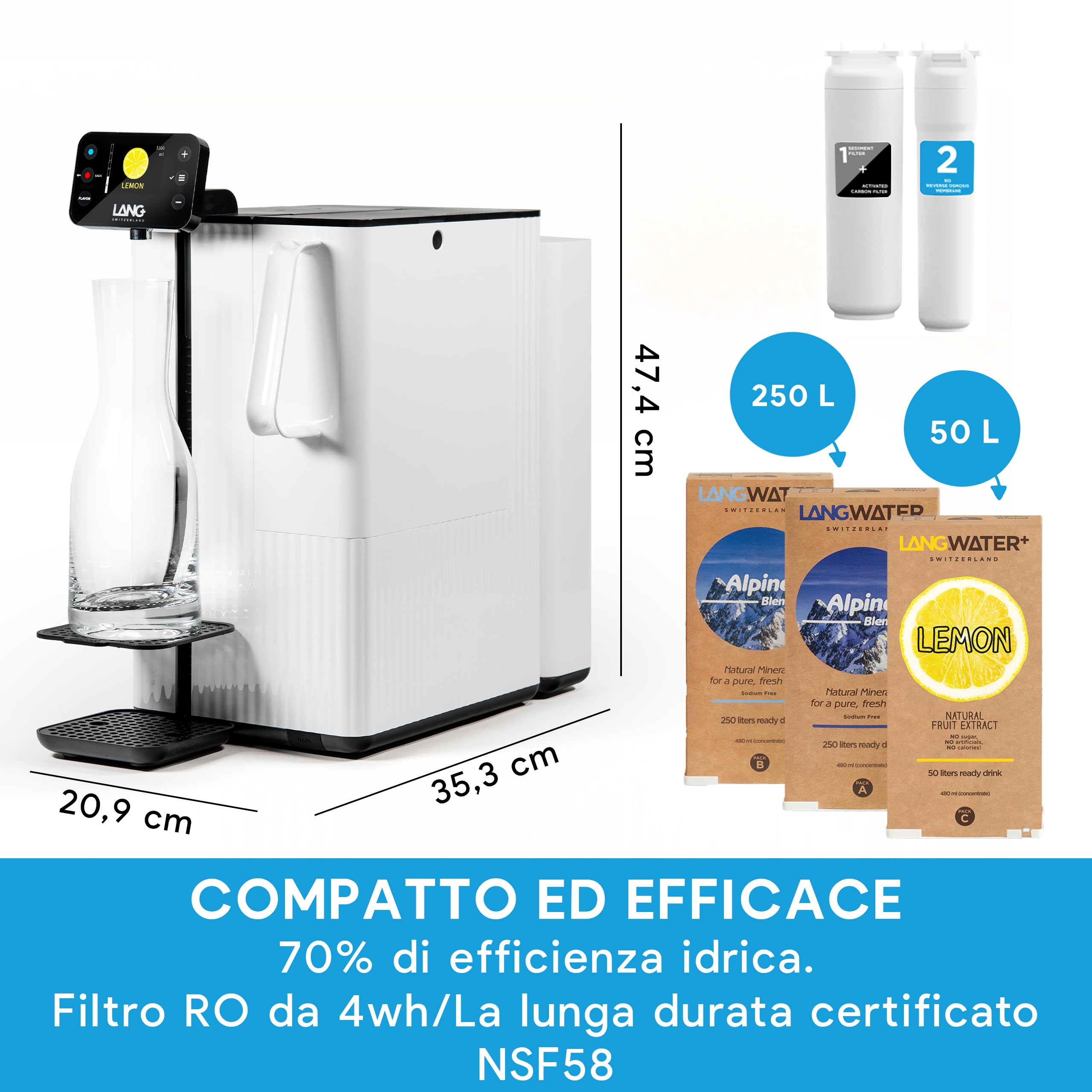 LANGWATER -Depuratore Acqua Domestico Portatile - Osmosi Inversa e Mineralizzazione - Senza Microplastiche - Senza Installazione - Erogatore di Acqua Calda - Con Filtri 2 packs Minerali, 1 Limone