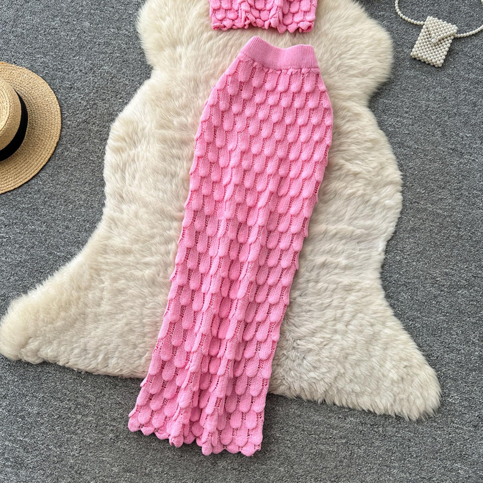 Damskie Dwuczęściowe Komplety Letnie Bezrękawnik Krótki Top Top Niskie Talio Spódnica Maxi Retro Dzianinowe Codzienne Stroje