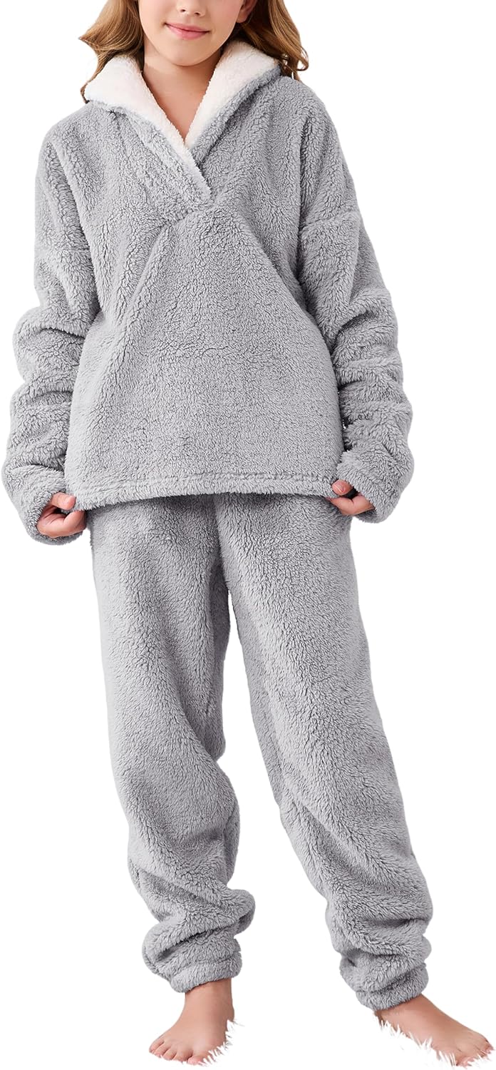 Faleave Girl's Fluffy Pants Sets Winter Warm Fleece Pullover Sweatshirt Plush Sweatsuit with Pockets