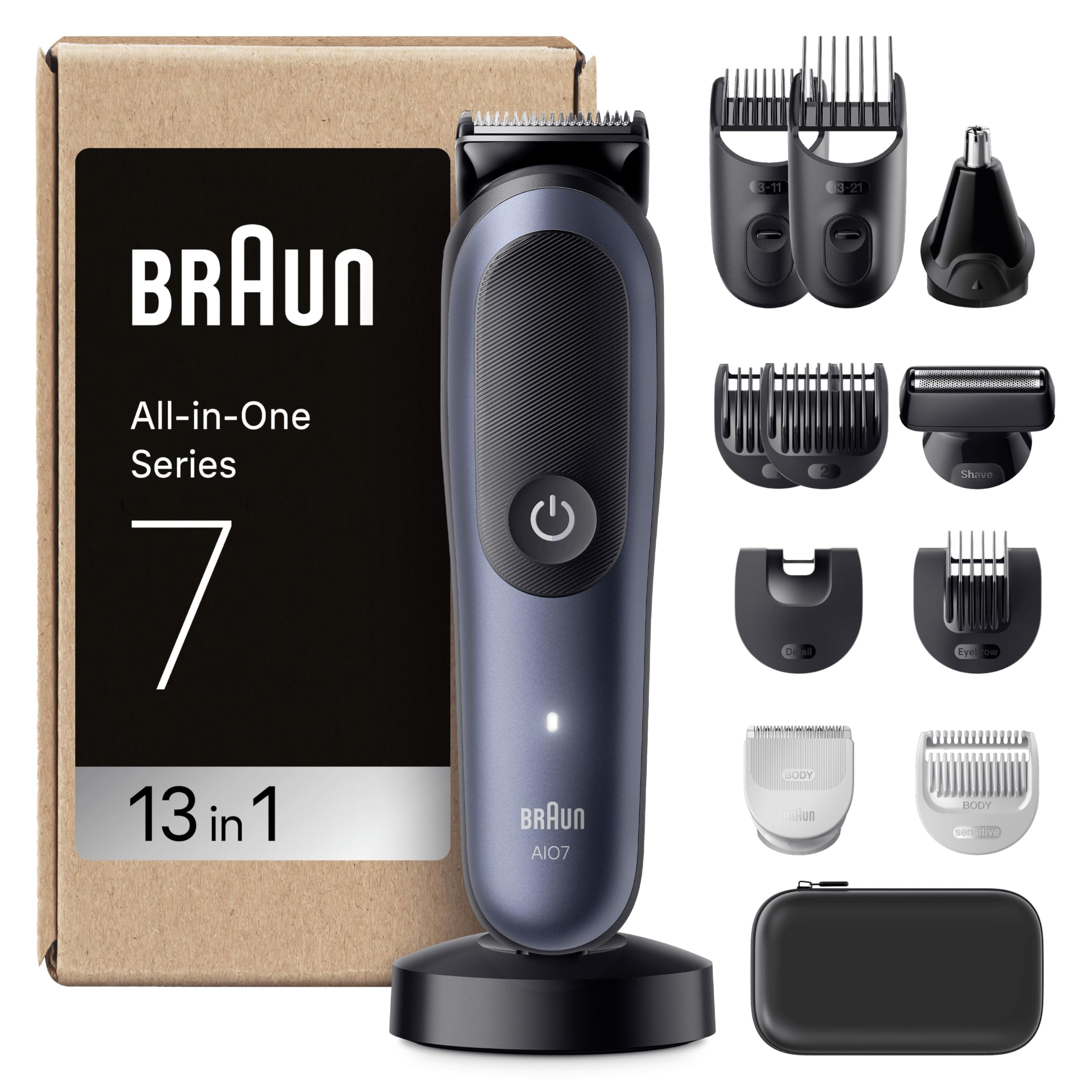 Braun Rifinitore All-In-One Series 7 AIO7565, Rasoio Elettrico Barba E Capelli 13In1 Con Lama ProBlade E Tecnologia AutoSense, 120 Min. Di Autonomia, Pettini Aree Sensibili E Sfumatura, Wet&Dry, Blu