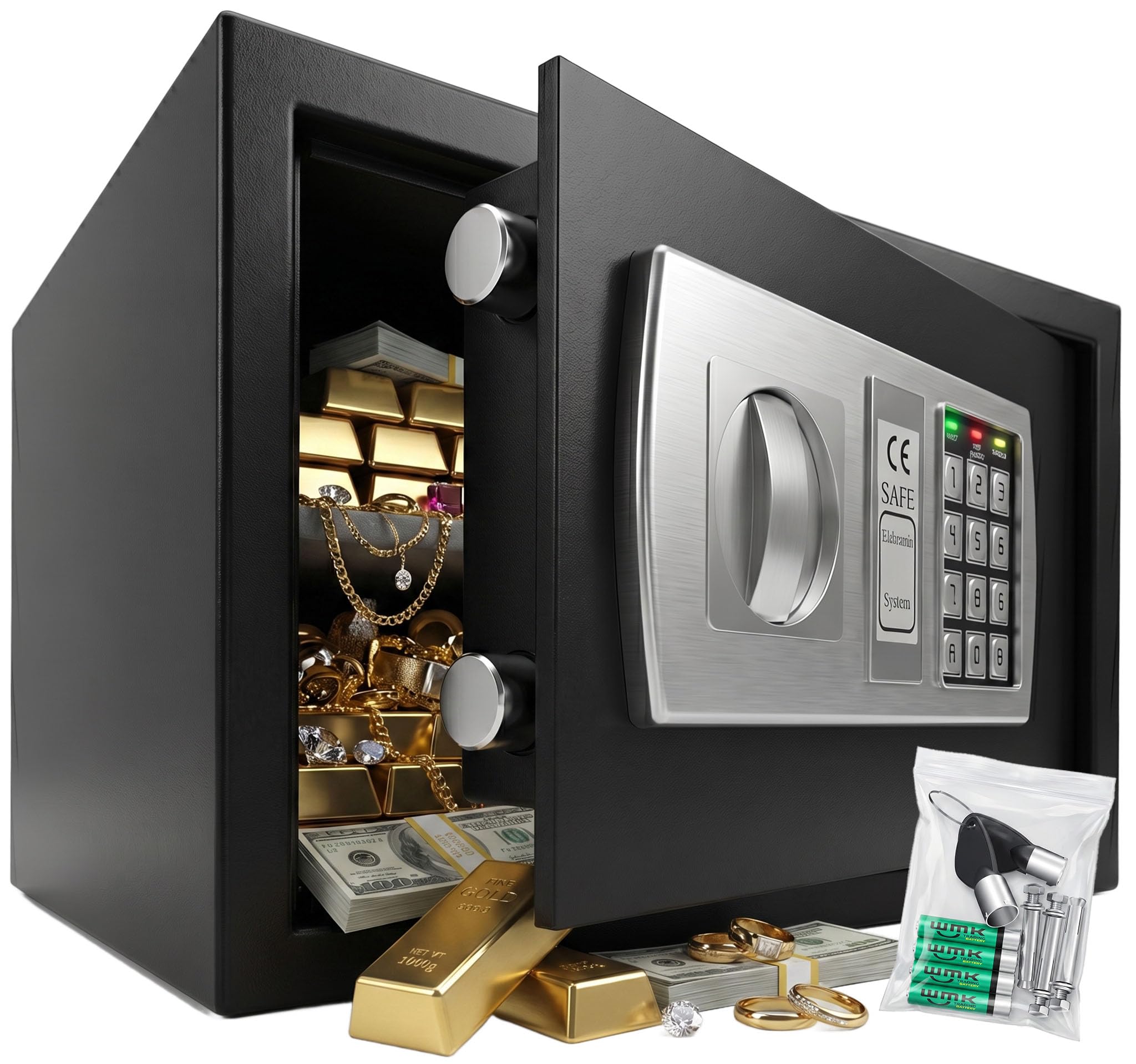 KESSER® Elektr. Tresor | 31x20x20cm | LED-Anzeige | Elektronischer Safe | Doppelbolzenverriegelung | Wandtresor | Montagematerial | Möbeltresor | Innenbeleuchtung, Panzerschrank Zahlenschloss Schwarz