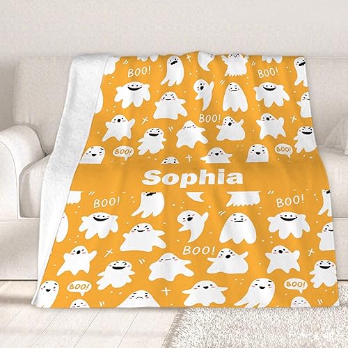 Miniatura 5 de Manta personalizada con nombre de fantasma amarillo Hallloween Boo, regalos para amantes de los fantasmas, manta personalizada de Halloween con