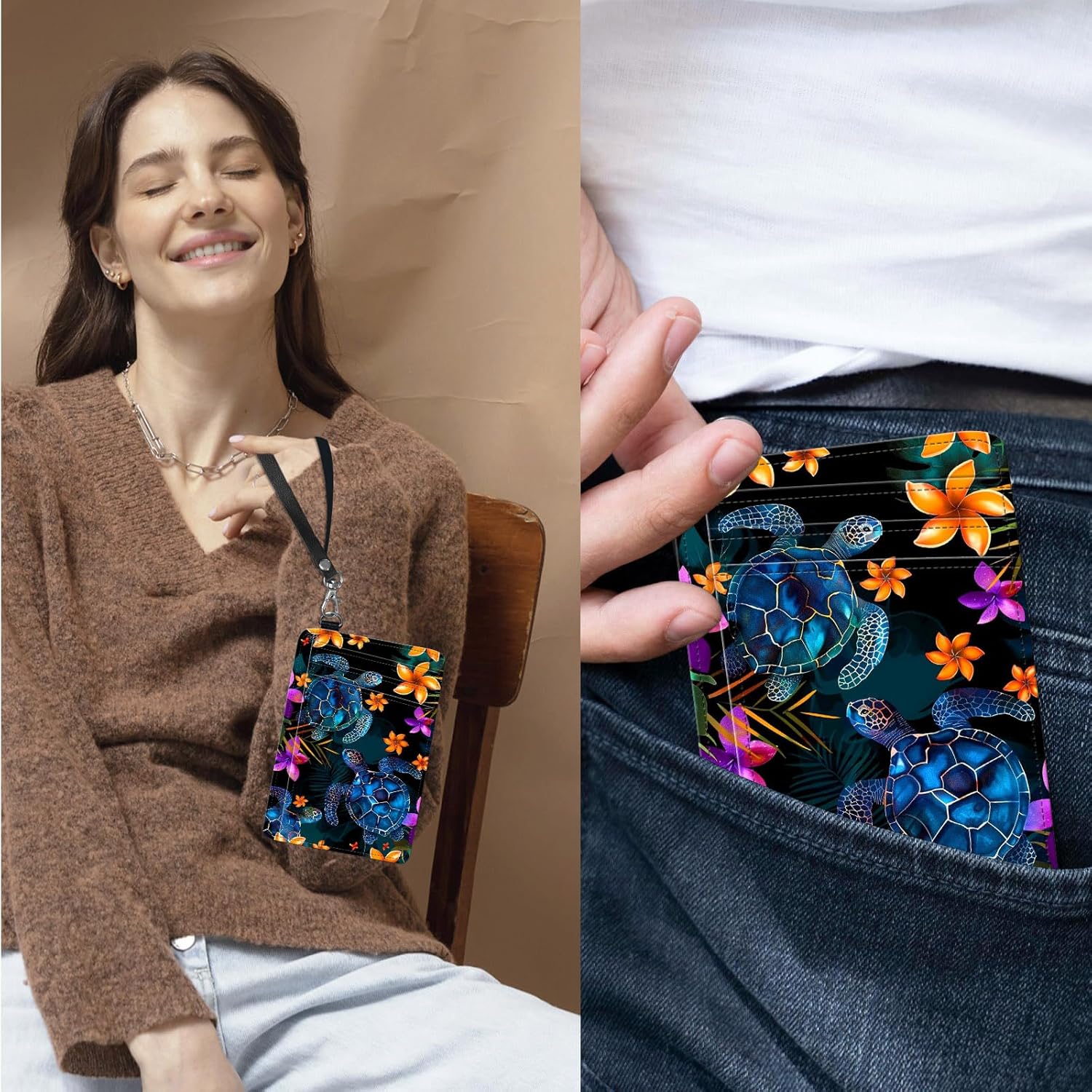 Credit Card Holder Slim Wallet,RFID Wallet Women Front Pocket Small Card Holder Travel Cute Thin Minimalist Card Case Leather Flat Wallet with ID Window&Wrist Strap,Glitter Sea Turtle - Image 4