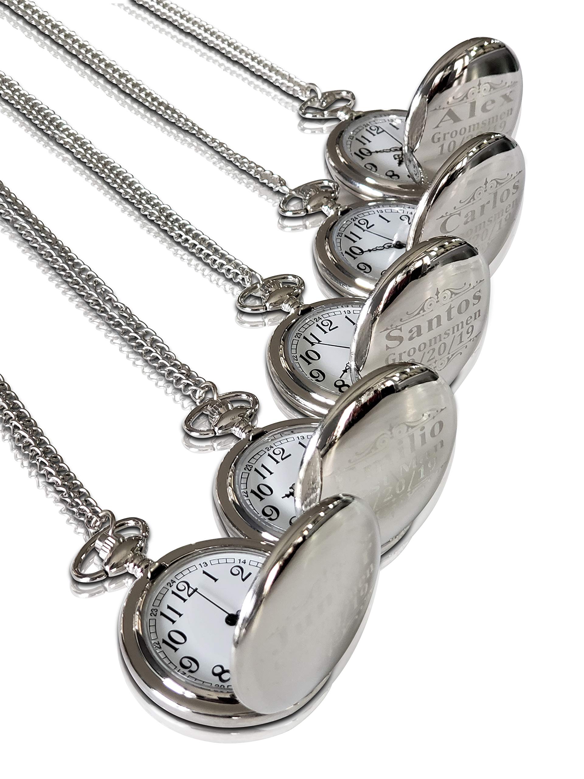 6 Pocket Watch Set - Personalized Unique Wedding Gift for Men and Women - Boxes, Chain and Engraving is Included (Silver)