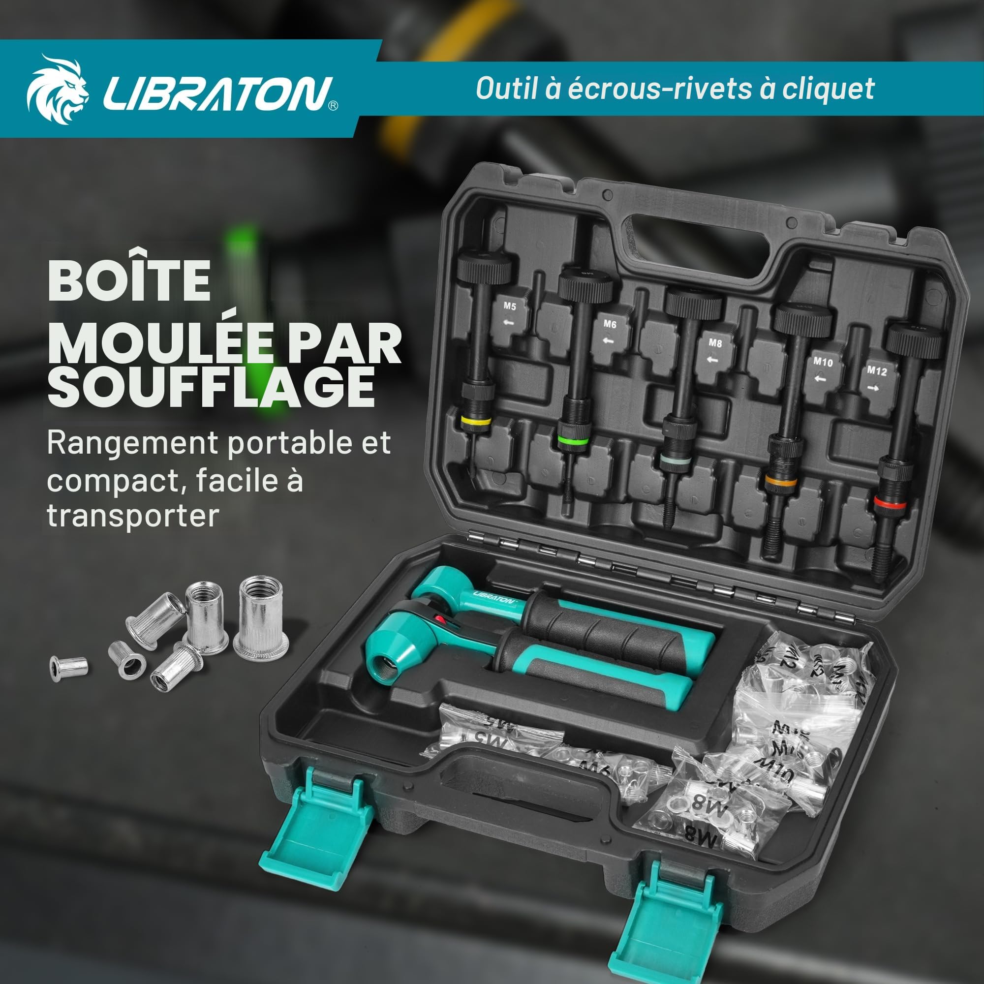 LIBRATON Pince a Insert, Pince à Insert Fileté, Pince à Écrous à Cliquet Professionnel, Pince a Sertir avec 5 Mandrins Métriques, 5 Écrous de Buse, 50 Insert Fileté, Étui, Pince Ecrou pour Réparation