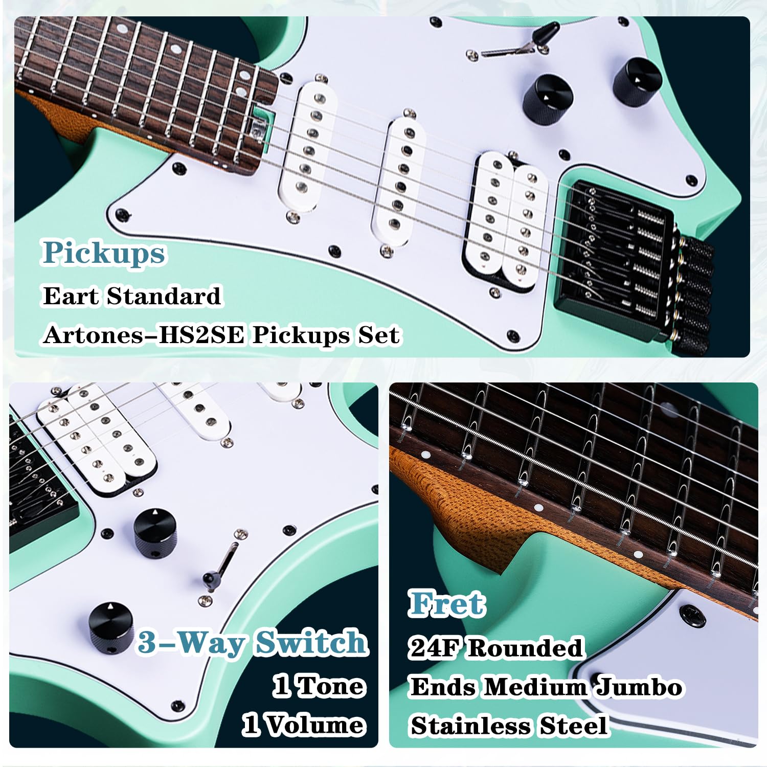 EART GW2P-SE Guitare électrique sans tête avec corps en acajou grillé et manche en érable du Canada, extrémités arrondies, frettes Medium Jumbo en acier inoxydable (Vert)