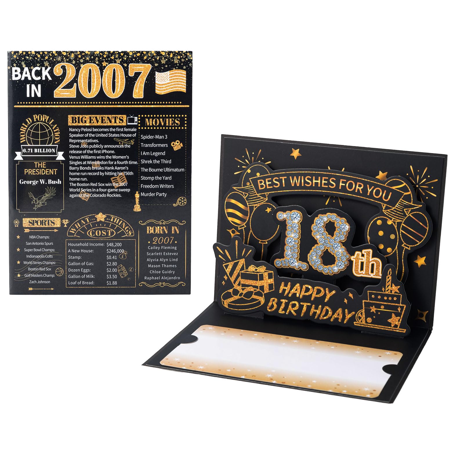 HOMANGA 18th Birthday Card, 3D Pop Up 18 Bday Card for Boys Girls, Back in 2007 Cards with Envelope, 18th Birthday Gifts for Son, Daughter, Him, Her (Black Gold)