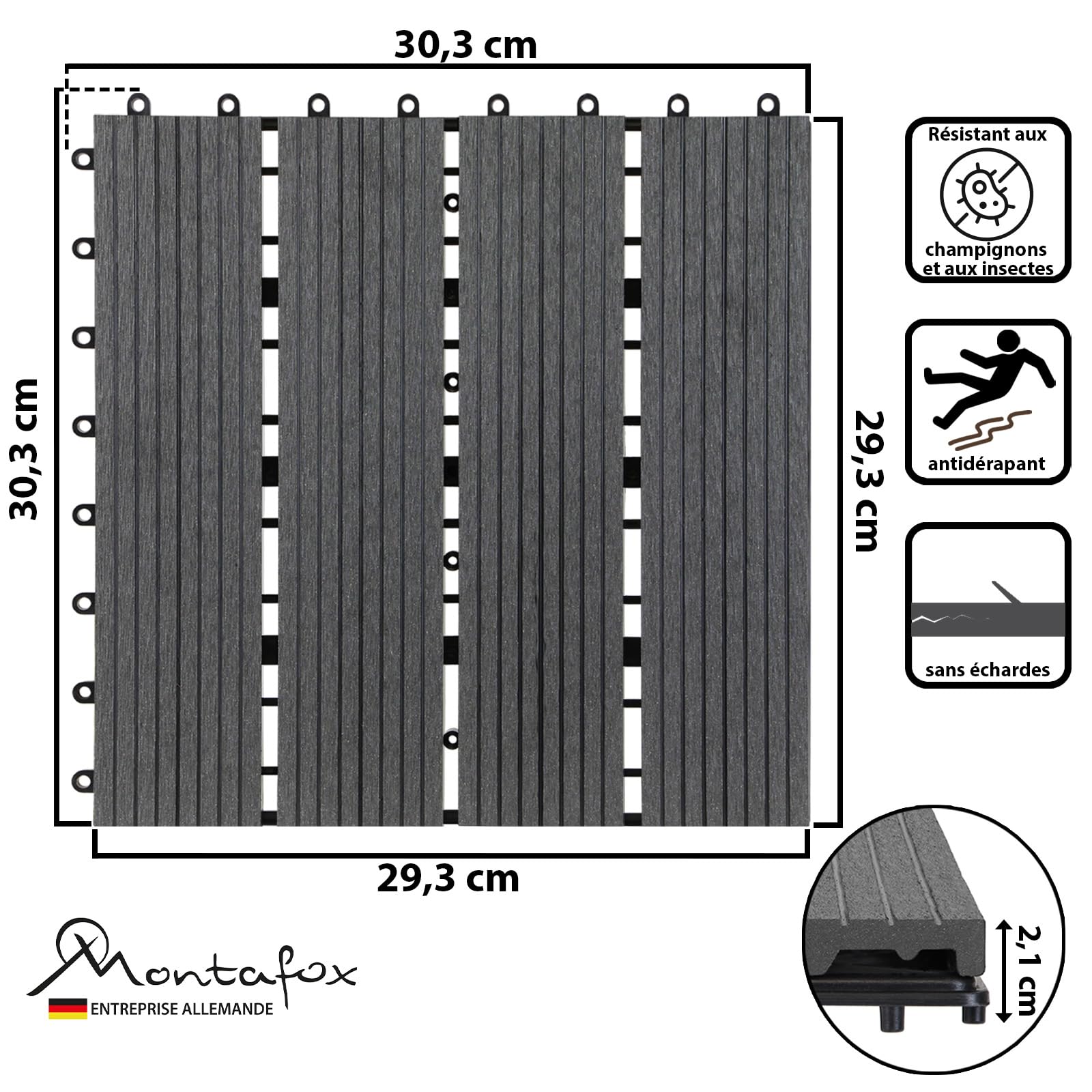Montafox Dalles WPC 30x30 cm Clipsables Aspect Bois Terrasse Balcon Jardin