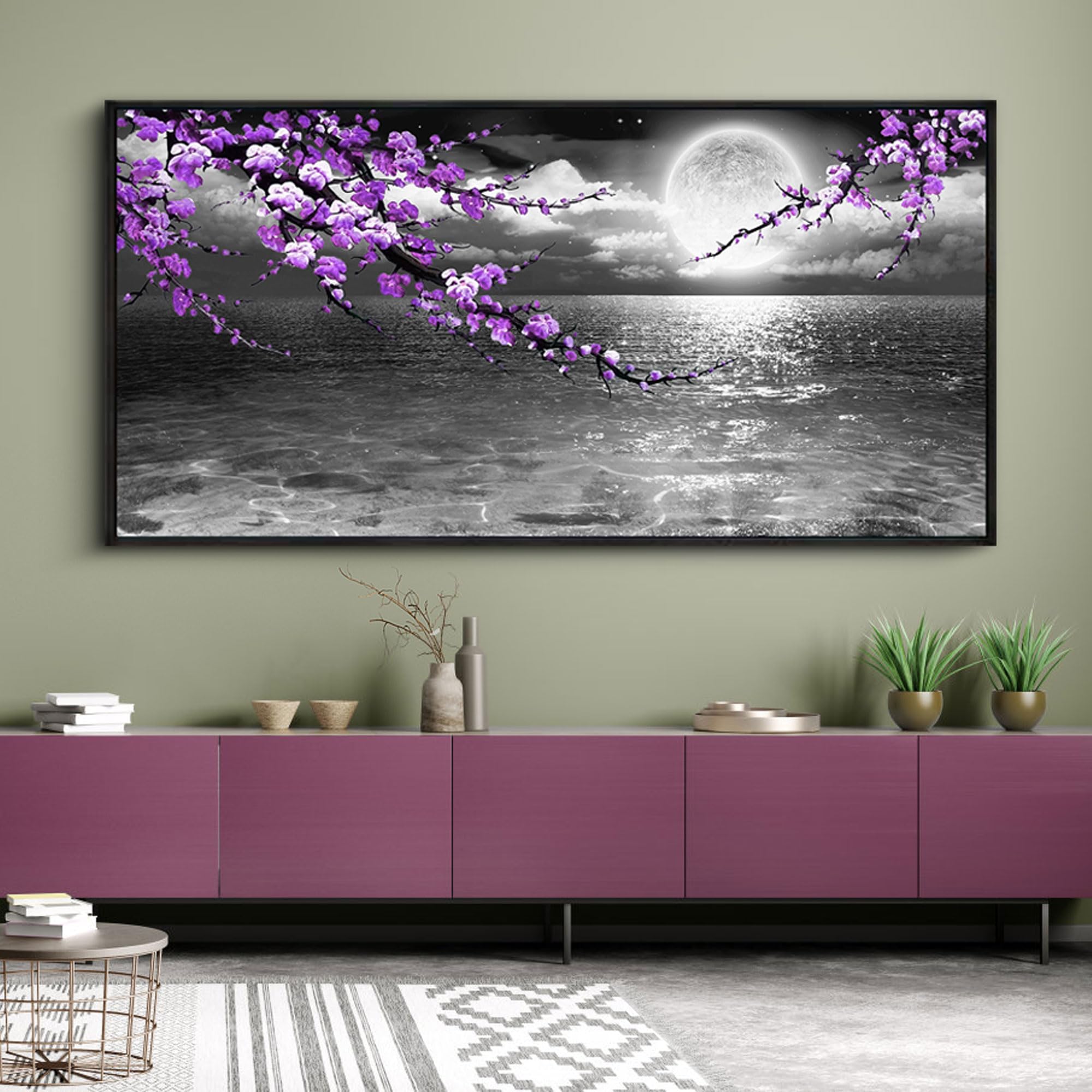 yiijeah Purple Wall Decor - Large Paintings for Living Room Plum Blossom Moon Ocean Canvas Picture Framed Artwork Black and White Seascape Wall Art