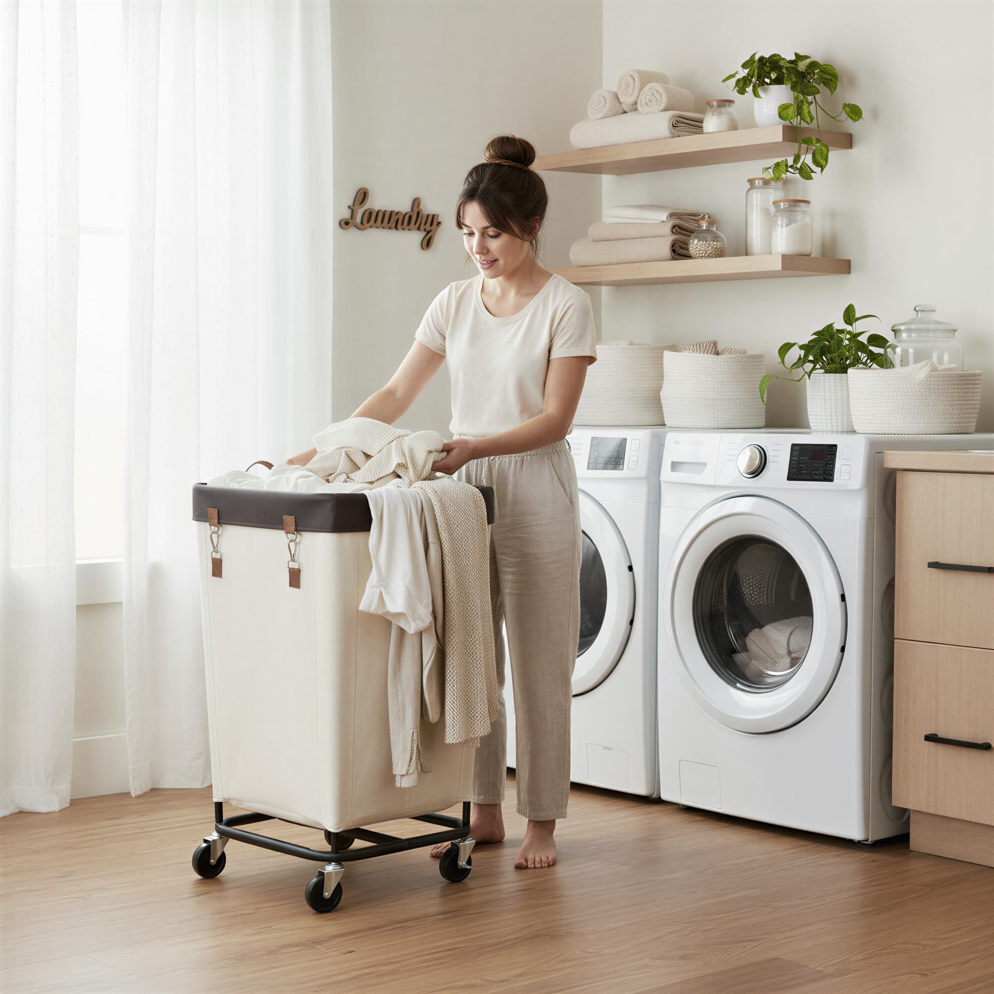 StorageWorks Panier à linge 160L avec roulettes, grand panier roulant pour organisation du linge, panier à linge sale pour hôtel, maison, placard, dortoir, beige blanc