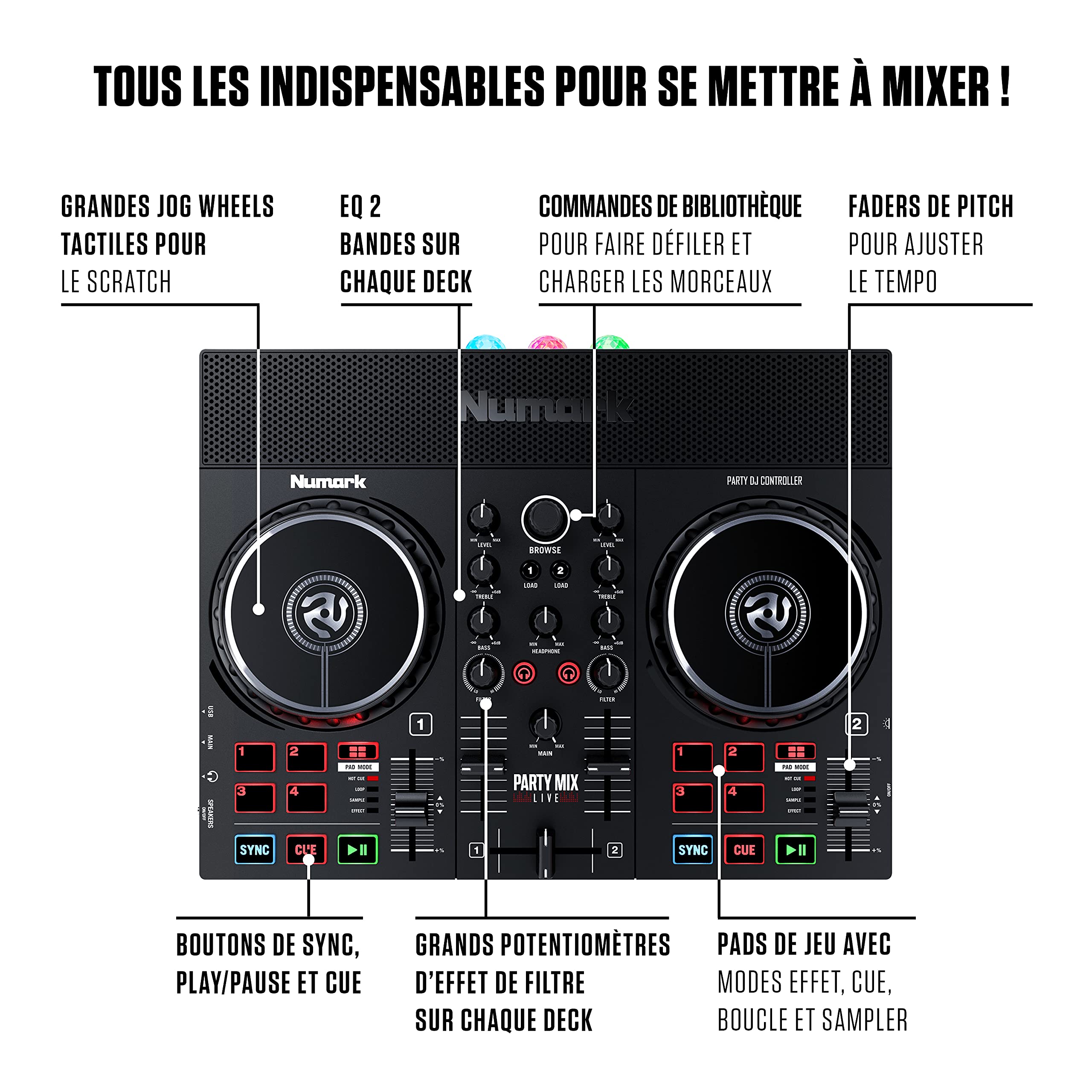 Numark Party Mix Live & HF125 - Contrôleur DJ avec jeux de lumière LED, enceintes et table de mixage DJ pour Serato DJ Lite avec Casque DJ Ultra-Portable