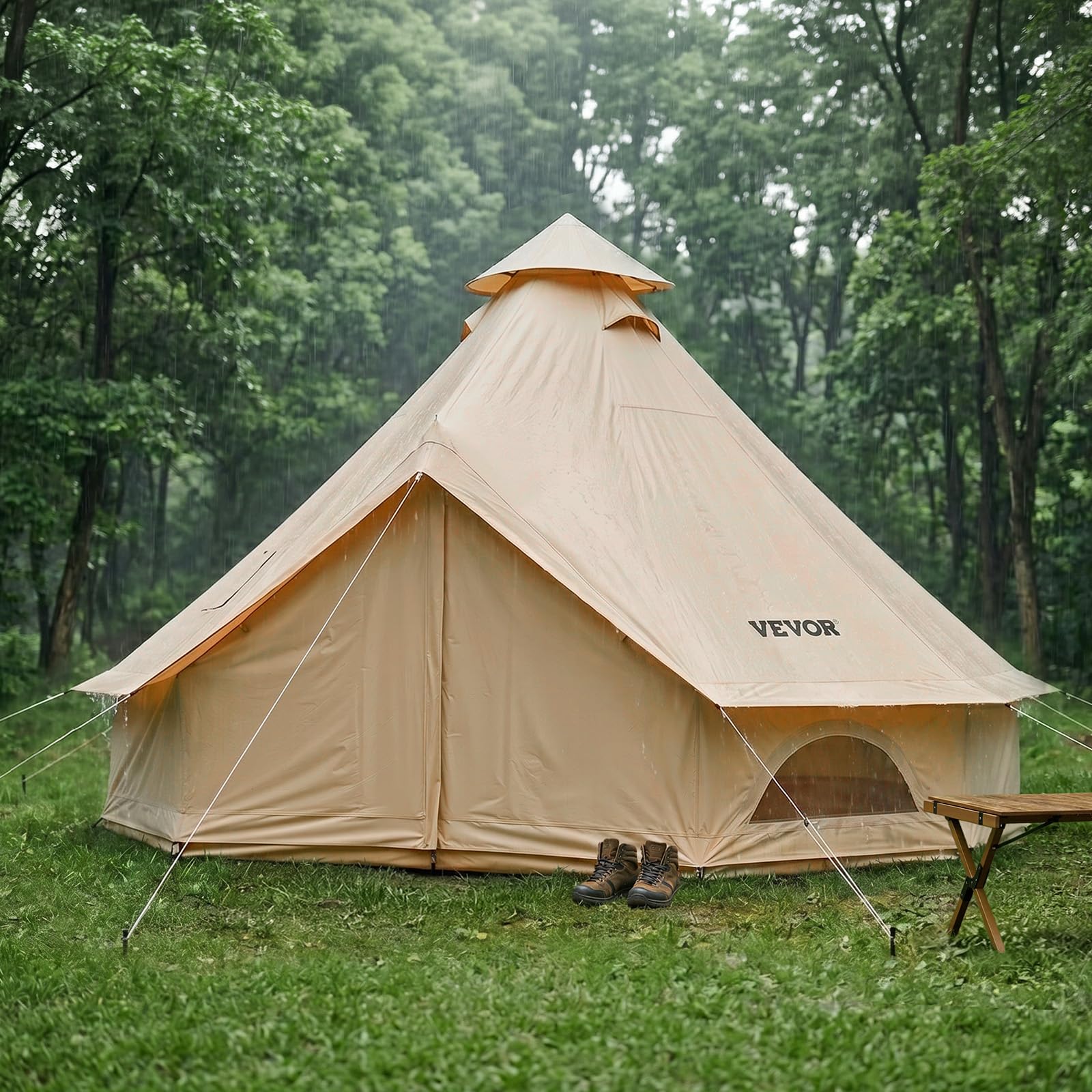 VEVOR Oxford Glockenzelt, 5 m Jurte, 4 Jahreszeiten, mit Ofenrohrdurchführung, bis zu 7 Personen, mit Abnehmbarem Boden (Reißverschluss), Ideal für Familien-Camping & Outdoor-Aktivitäten, Beige