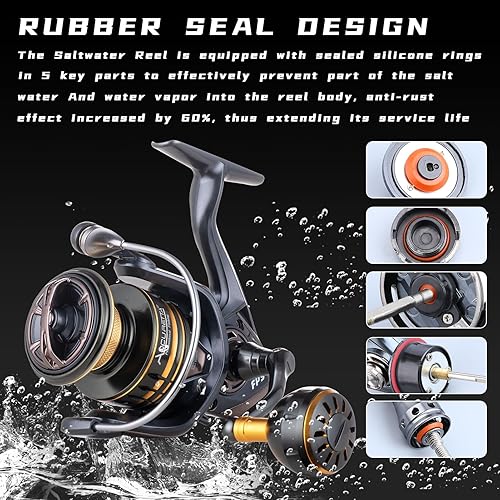 Miniatura 3 de Carrete de pesca giratorio para agua salada, 13+1BB, carretes de pesca ultra suaves para agua salada, potente freno de carbono, bobina y mango de