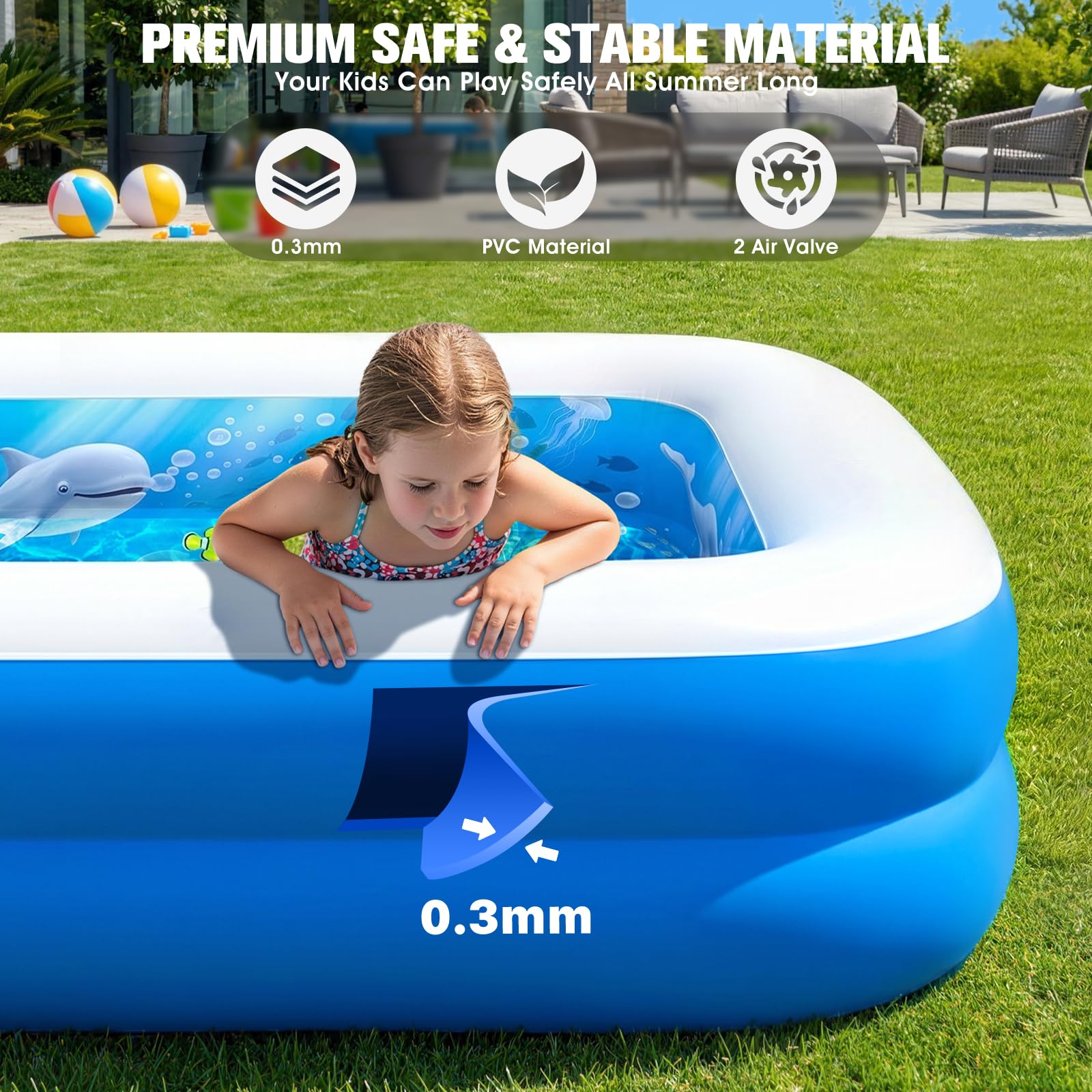 ChlorBlu Piscina Hinchable con Rociador, Piscina Inflable Adultos, Piscina Hinchable Rectangular para Adultos, Piscinas Hinchables, Piscina Hinchable Familiar Reforzada para Exteriores