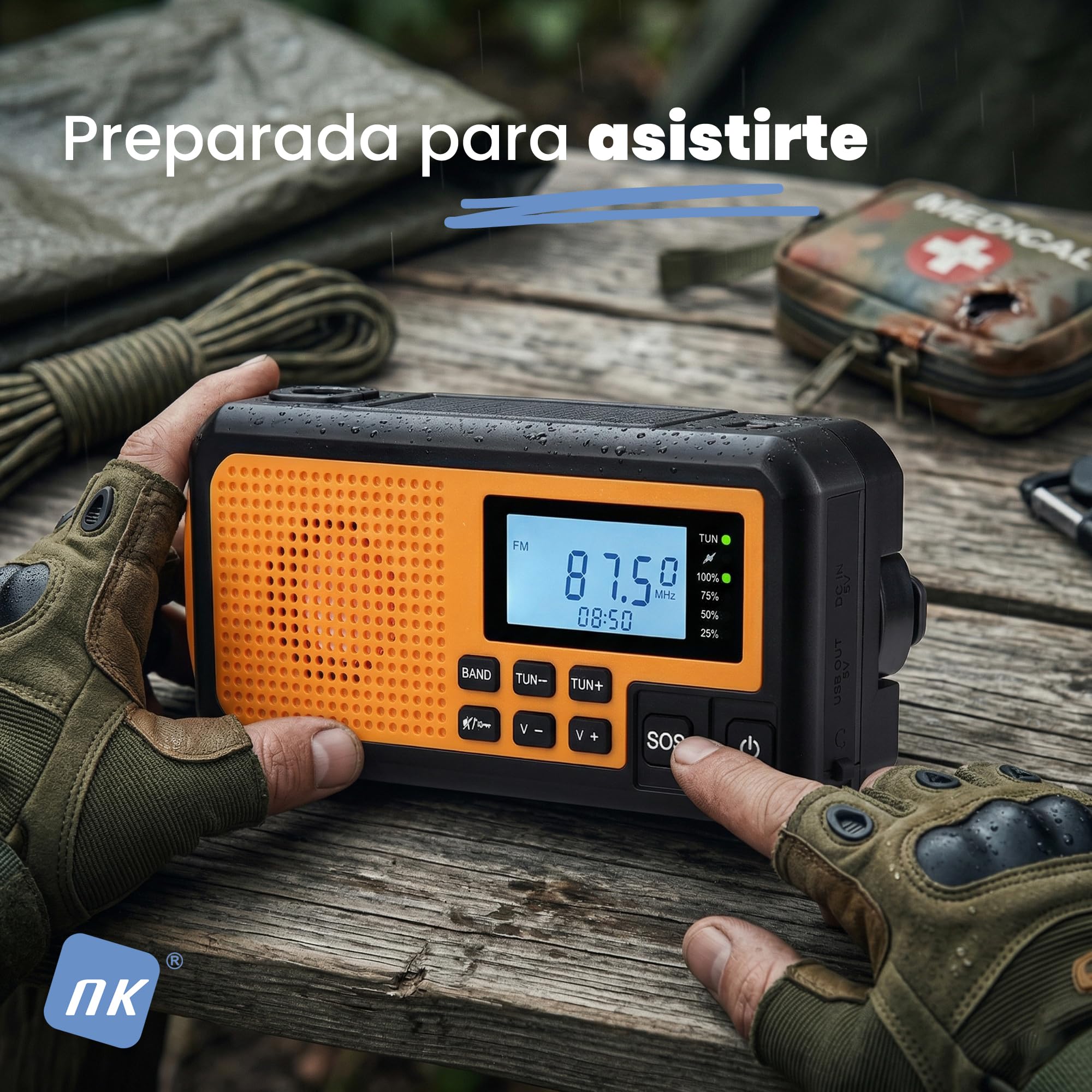 NK Radio Awaryjne Solarne – Power Bank 4000mAh, FM/AM/SW, Latarka LED, Wyświetlacz LCD, Alarm SOS, Korba Ręczna & Ładowanie USB/AAA – Idealne na Camping i Wędrówki